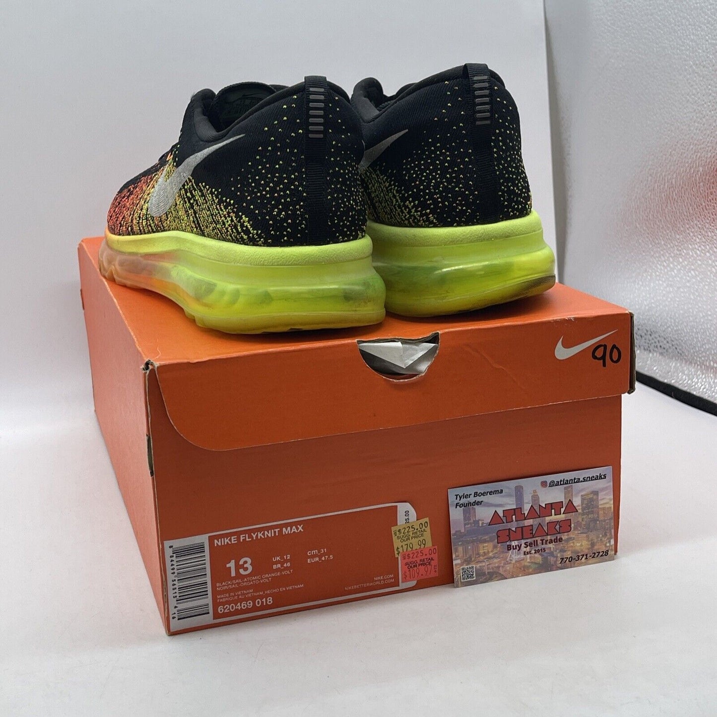 Size 13 - Nike Flyknit Max Black Orange White Neon Yellow Suede (620469-018)