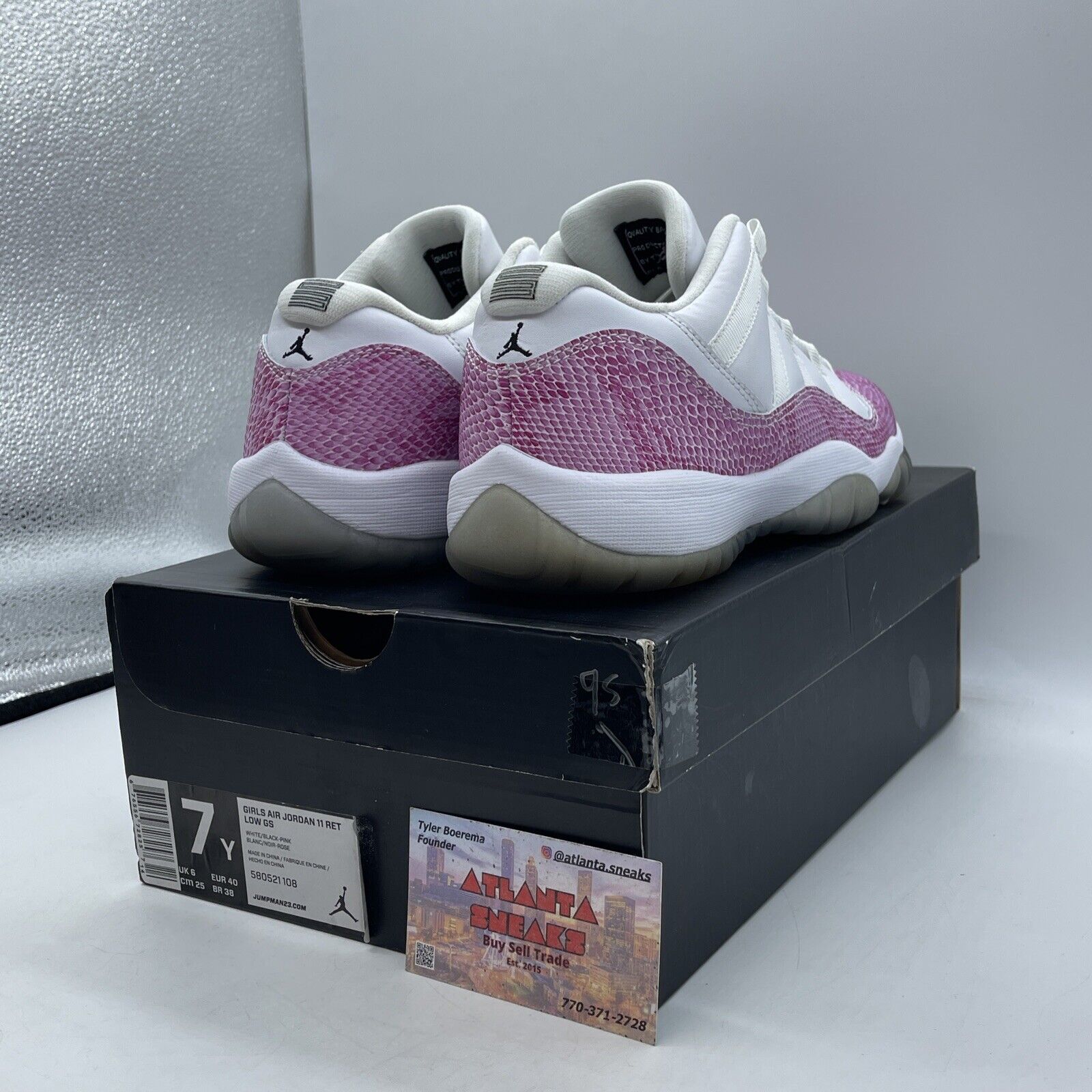 Size 7Y -  Air Jordan 11 Low Pink Snakeskin Pink White Leather (580521-108)