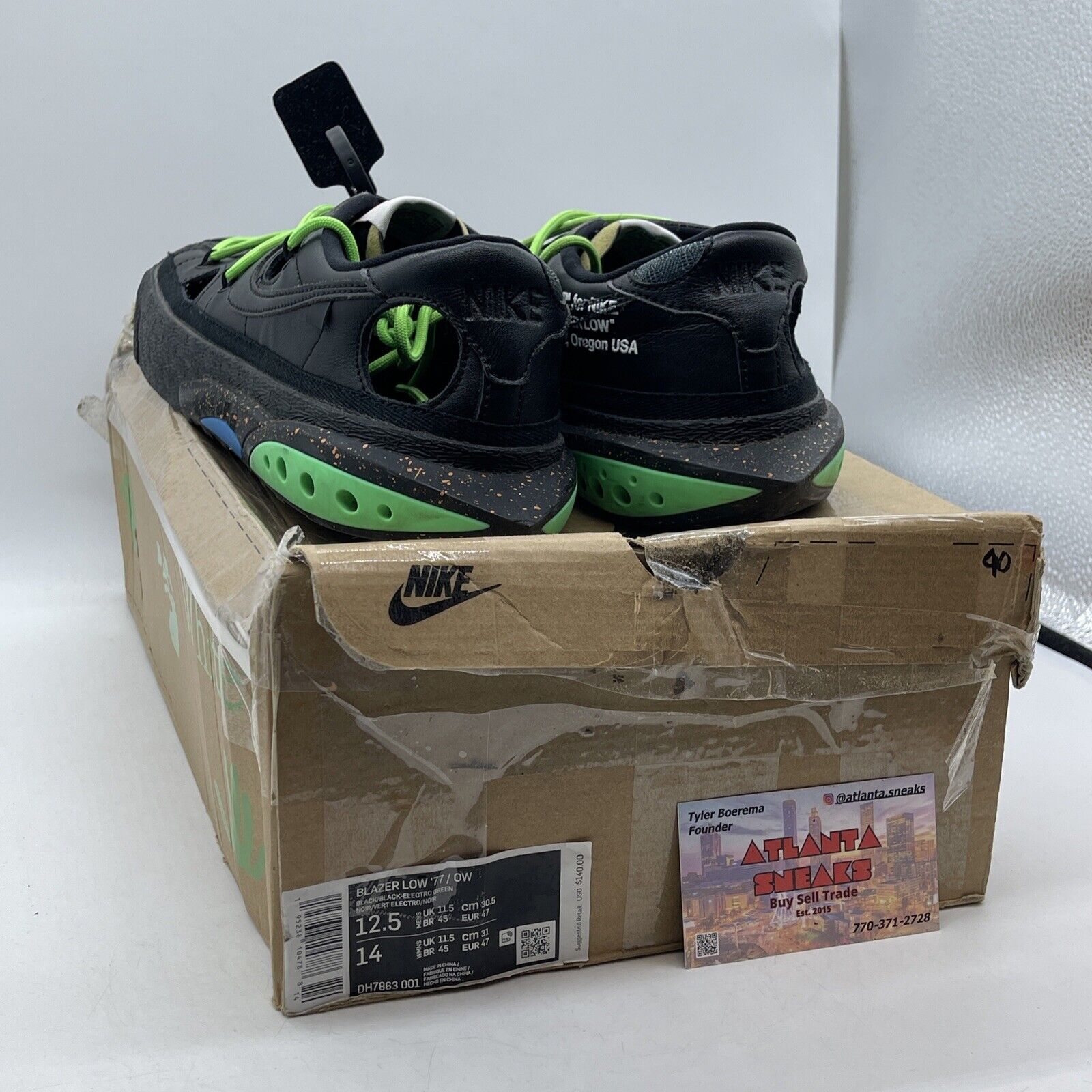 Size 12.5 - Nike Off-White x Blazer Low Black Green White Suede (DH7863-001)