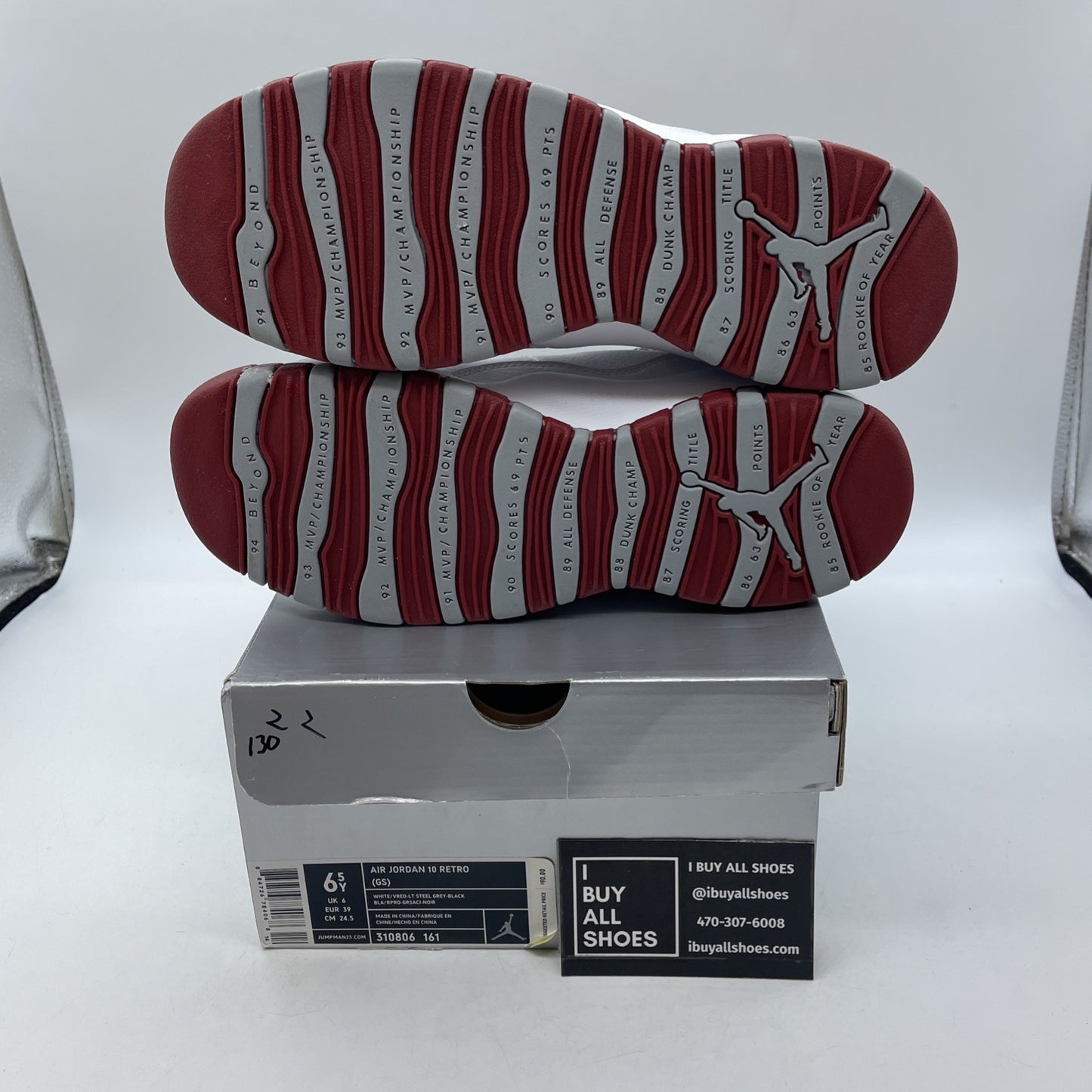 Size 6.5 (GS) - Air Jordan 10 Retro Mid White Red Grey (310806-161)