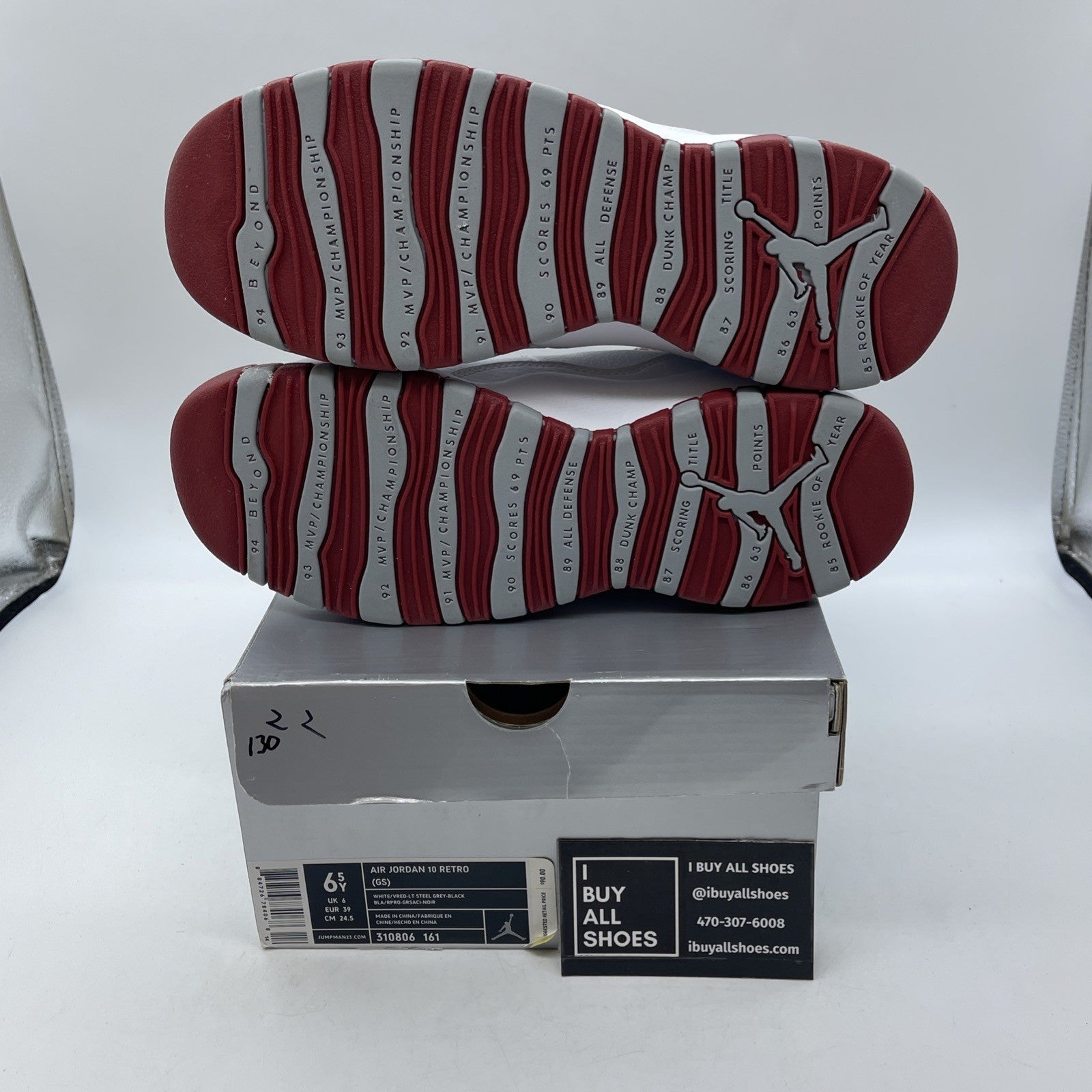 Size 6.5 (GS) - Air Jordan 10 Retro Mid White Red Grey (310806-161)