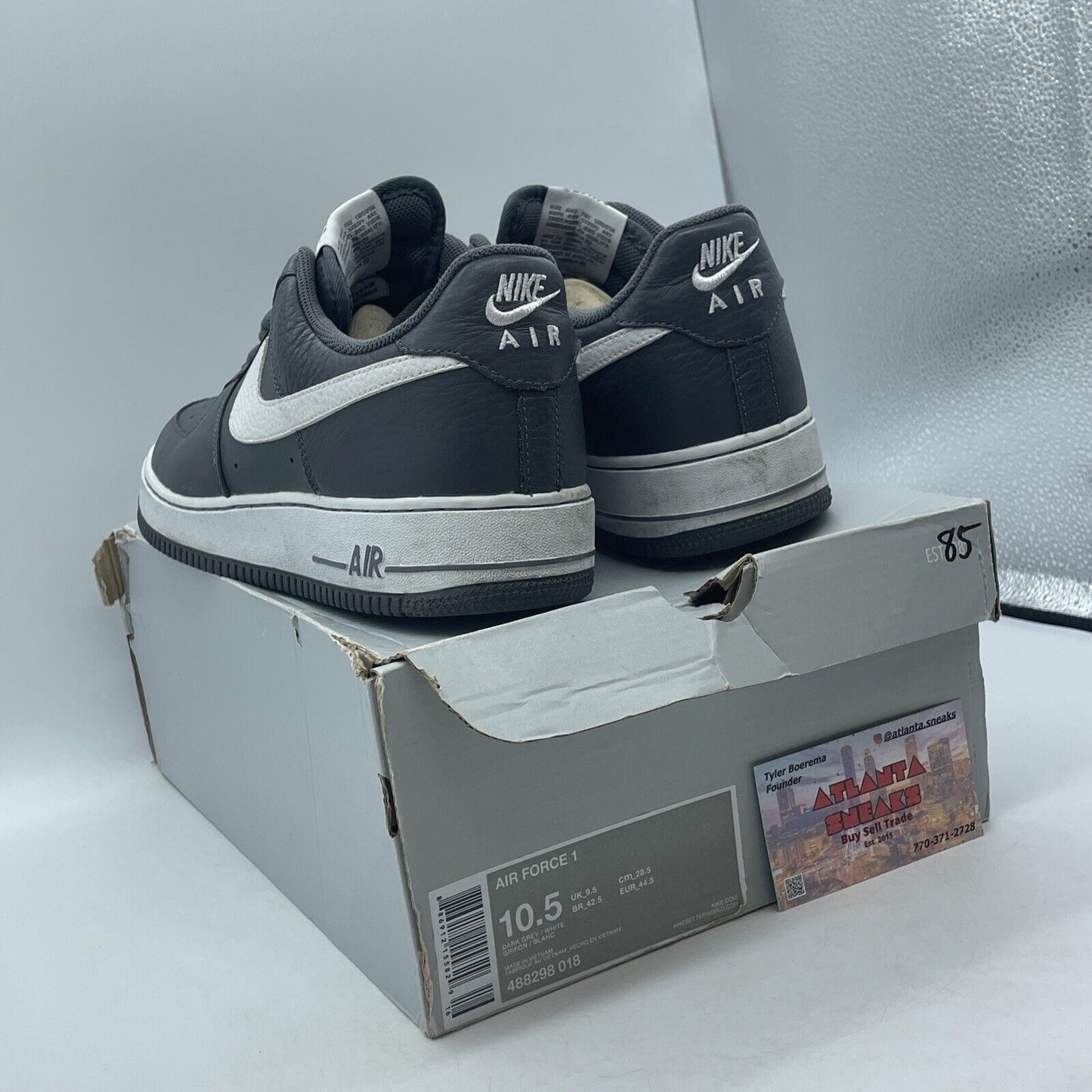 Size 10.5 - Nike Air Force 1 Dark Grey White Leather (488298-018)