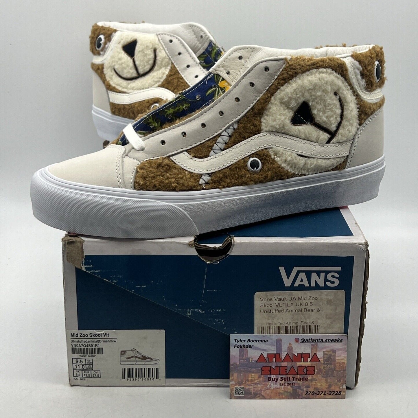 Size 9.5 - VANS Mid Zoo Skool Unstuffed Animal Bear White (VN0A7Q4S91R1)