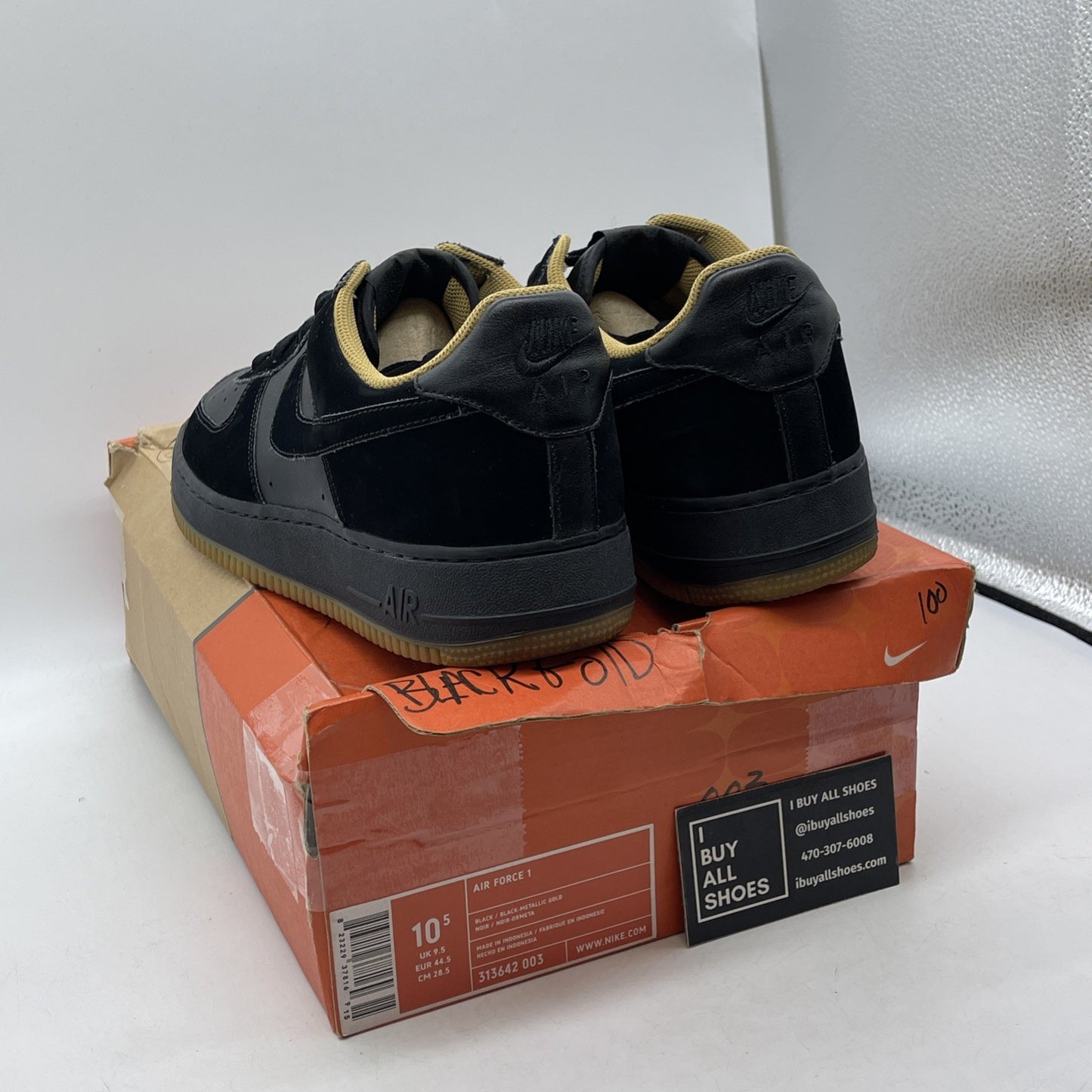 Size 10.5 - Nike Air Force 1 Black Gold Suede Leather (313642-003)
