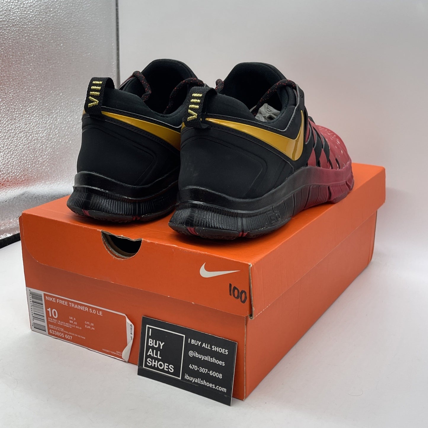 Size 10 - Nike Free Trainer 5.0 Team Jones Black Red Gold Suede (633805-607)