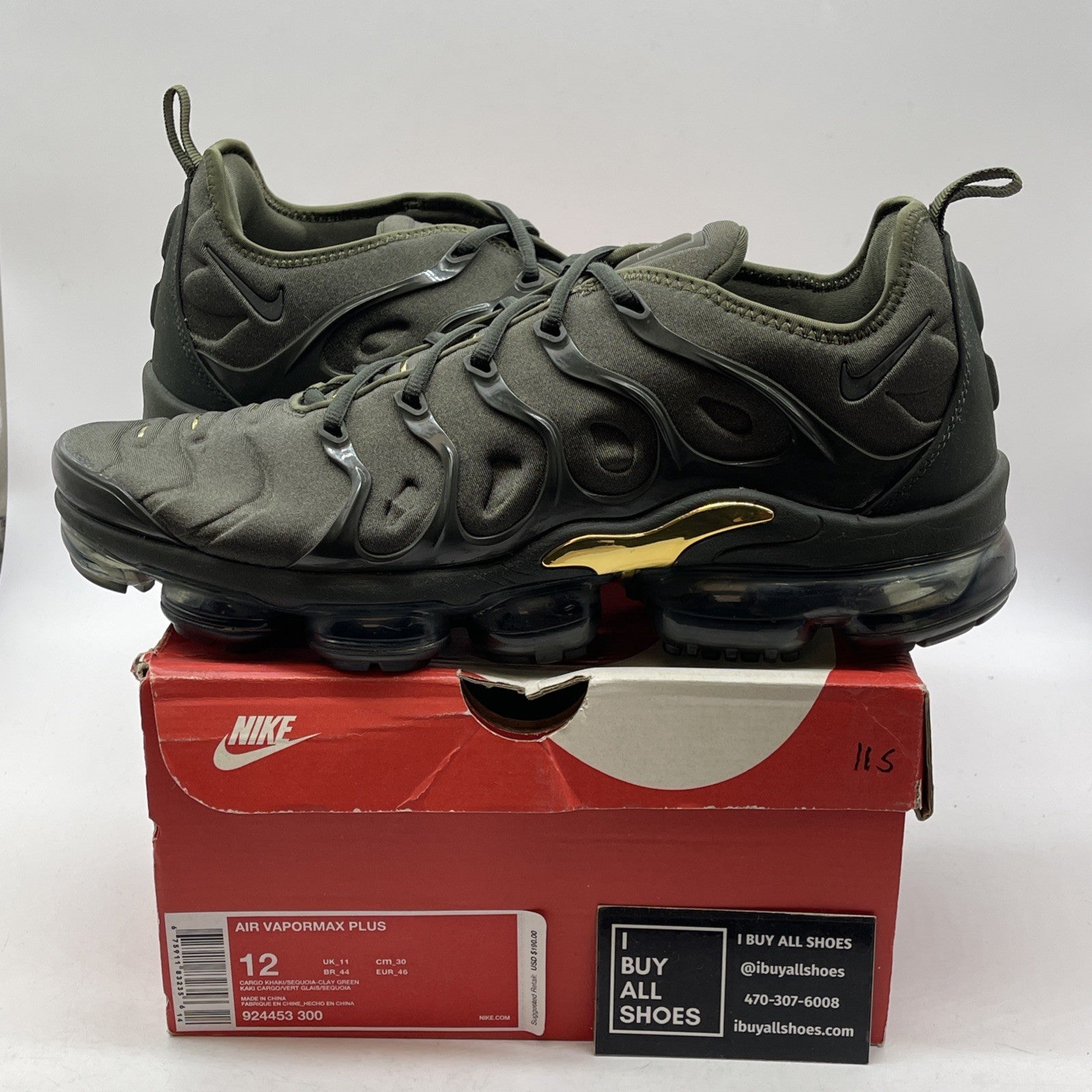 Size 12 - Nike Air VaporMax Plus Cargo Khaki Green Gold Suede (924453-300)