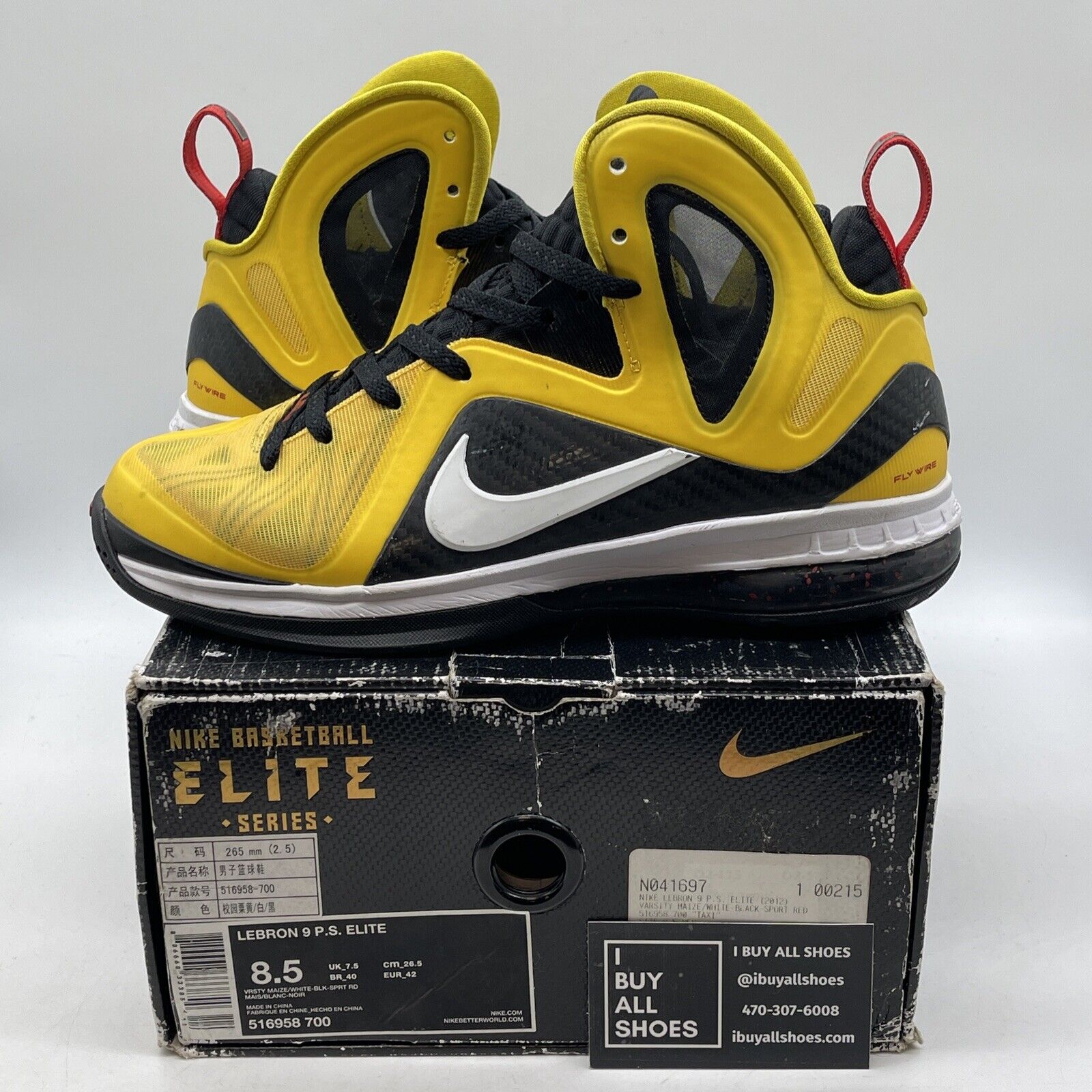 Size 8.5 - Nike LeBron 9 P.S. Elite Taxi Yellow White Red Black (516958-700)