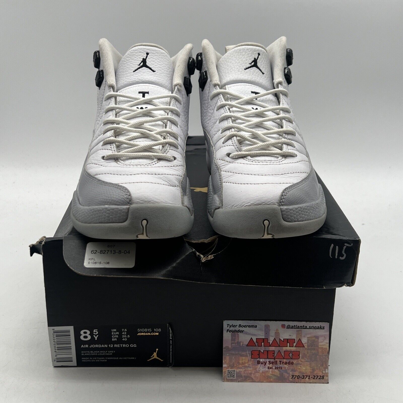 Size 8.5Y - Air Jordan 12 Wolf Grey White Black Leather (510825-108)