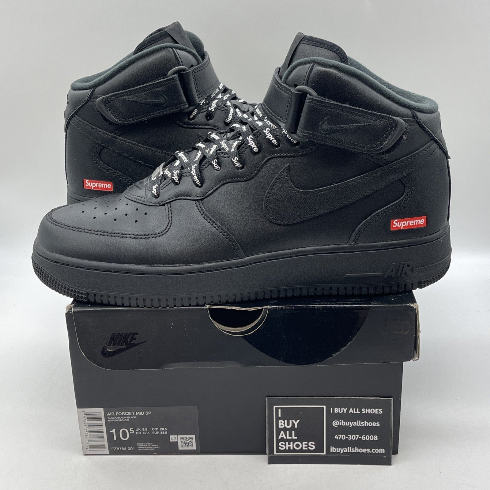 Size 10.5 - Nike Supreme x Air Force 1 Mid Box Logo Triple Black (FZ8784-001)