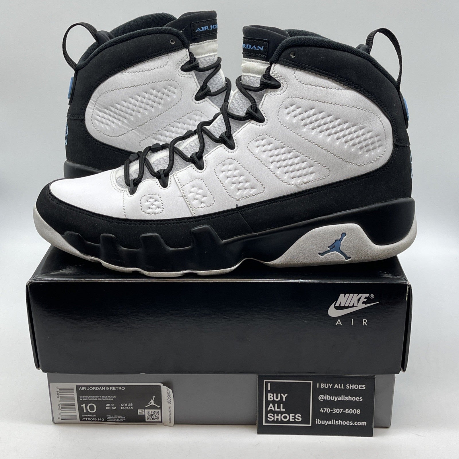 Size 10 - Jordan 9 Retro University Blue 2020 White Leather (CT8019-140)
