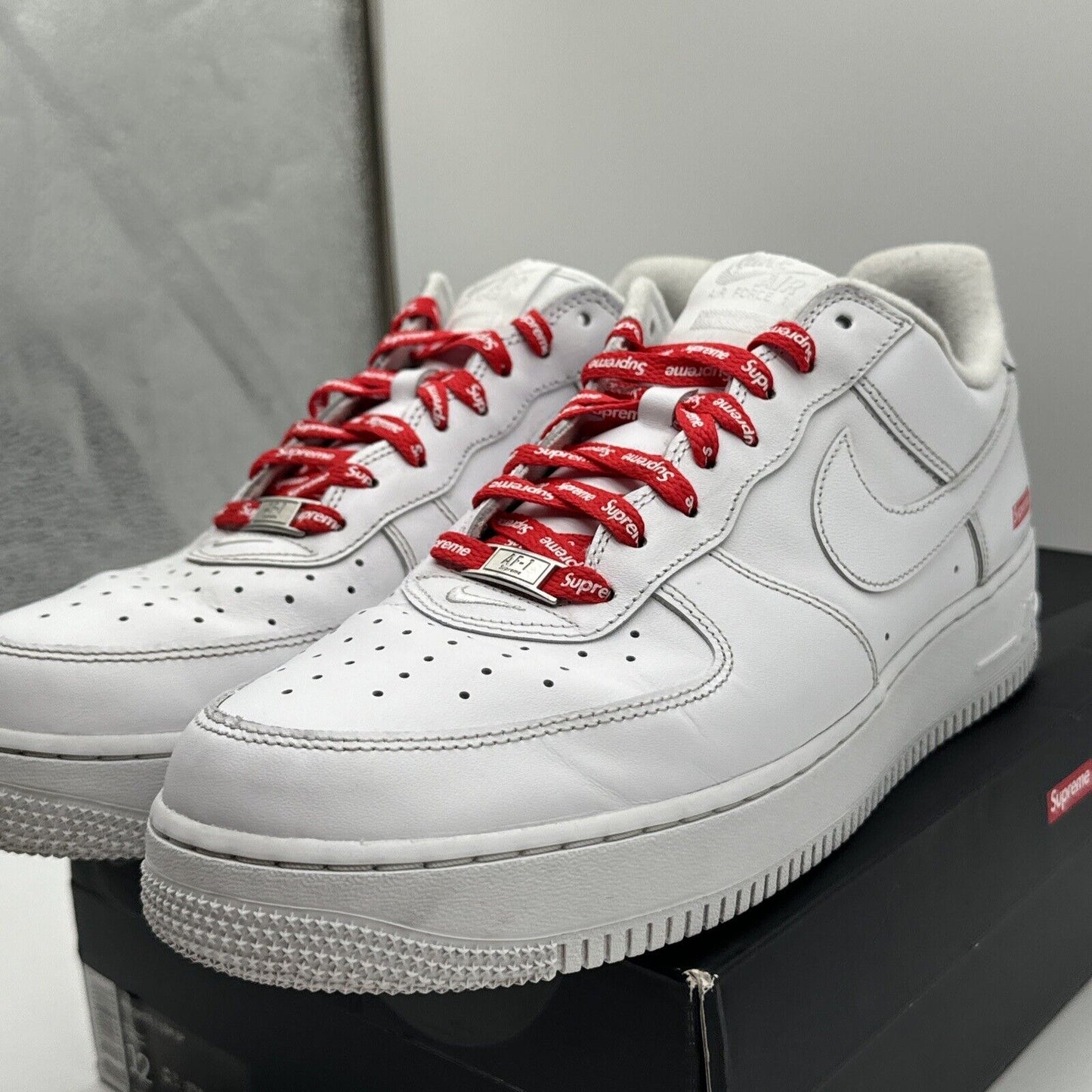 Size 12 - Nike Air Force 1 x Supreme Low Box Logo - White Red Leather OG All