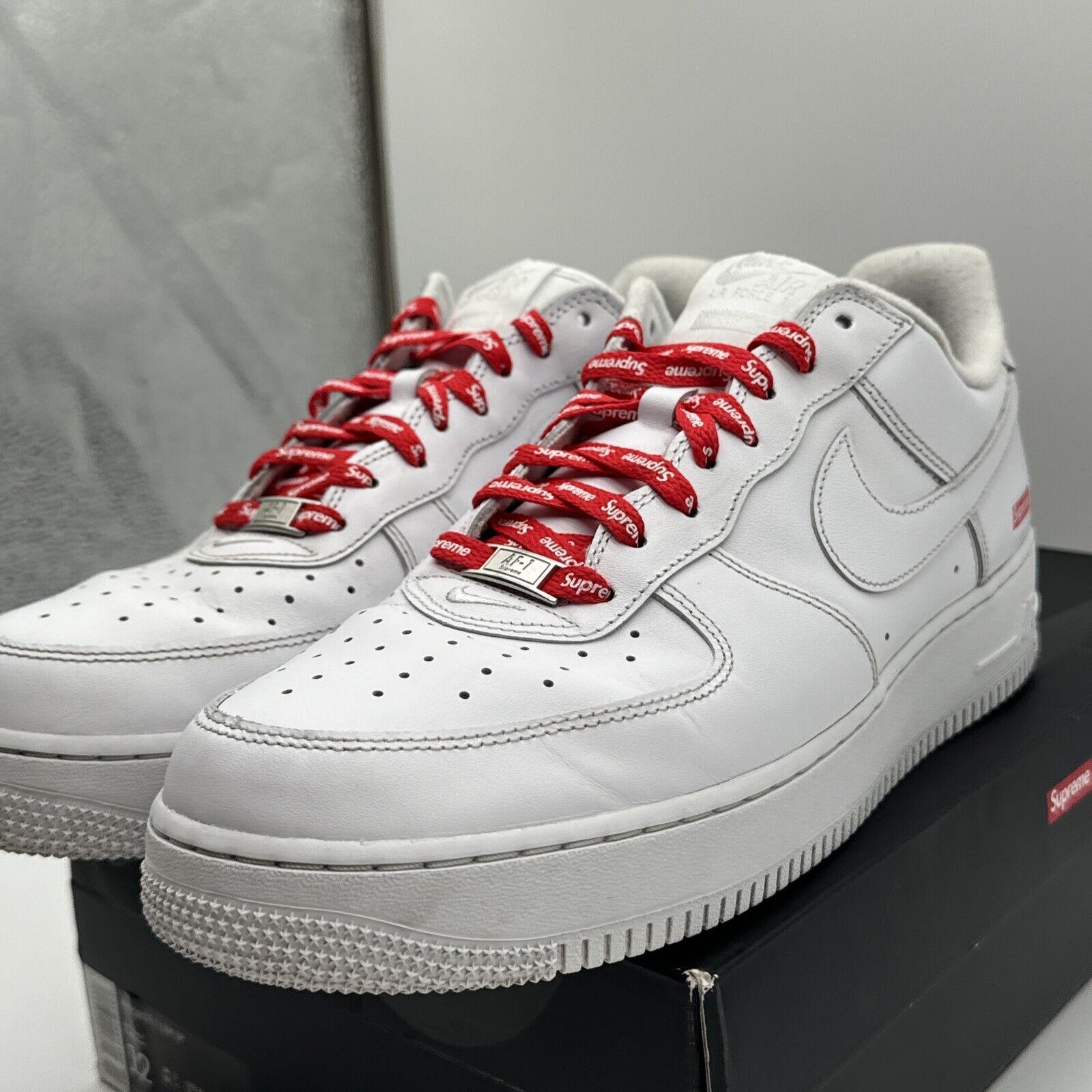 Size 12 - Nike Air Force 1 x Supreme Low Box Logo - White Red Leather OG All