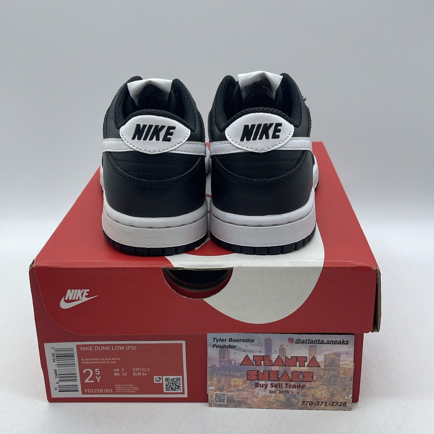 Size 2.5Y - Nike Dunk Low Black Panda 2.0 White Leather (FD1228-001)