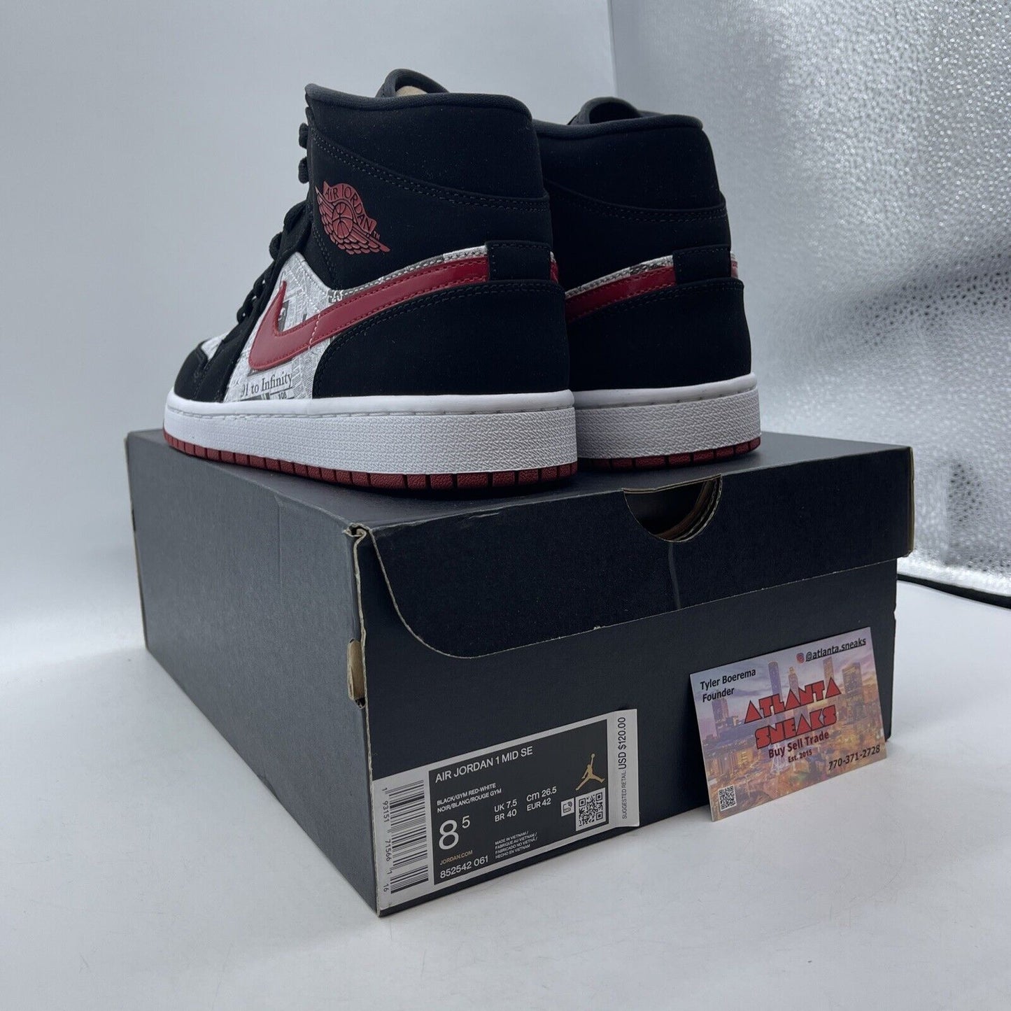 Size 8.5 - Air Jordan 1 SE Mid Newspaper Air Times Black Red Suede (852542-061)