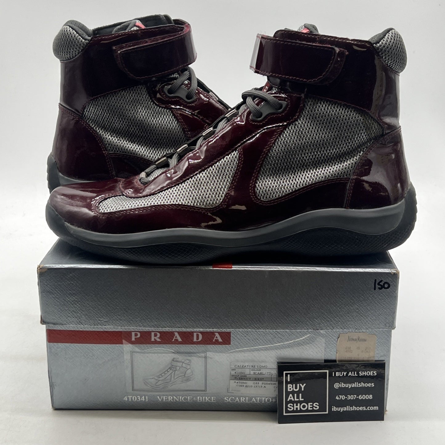 Size 9 - PRADA America's Cup Maroon Silver Mesh High Top Sneakers