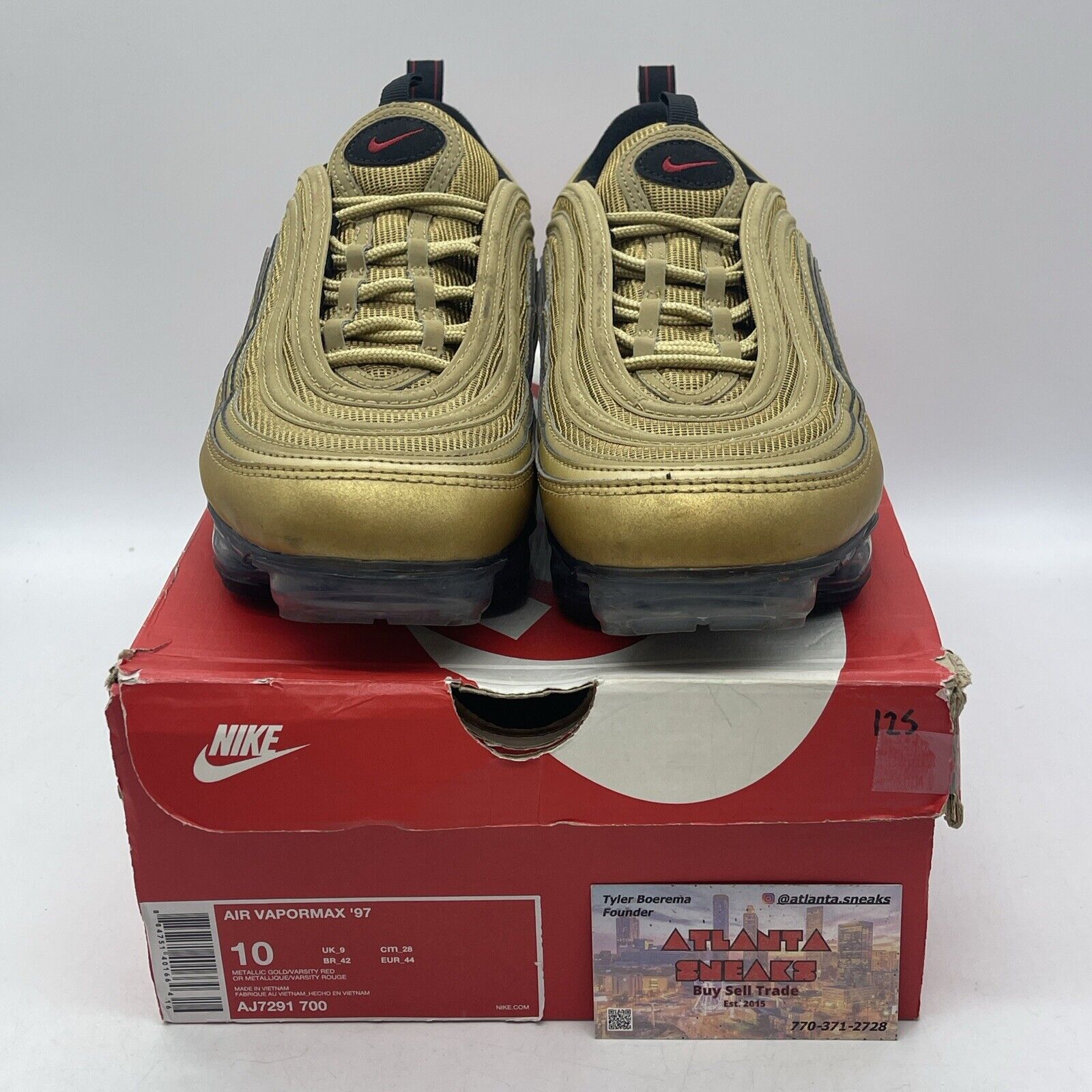 Size 10 - Nike Air Vapormax 97 Metallic Gold Suede Red Black (AJ7291-700)