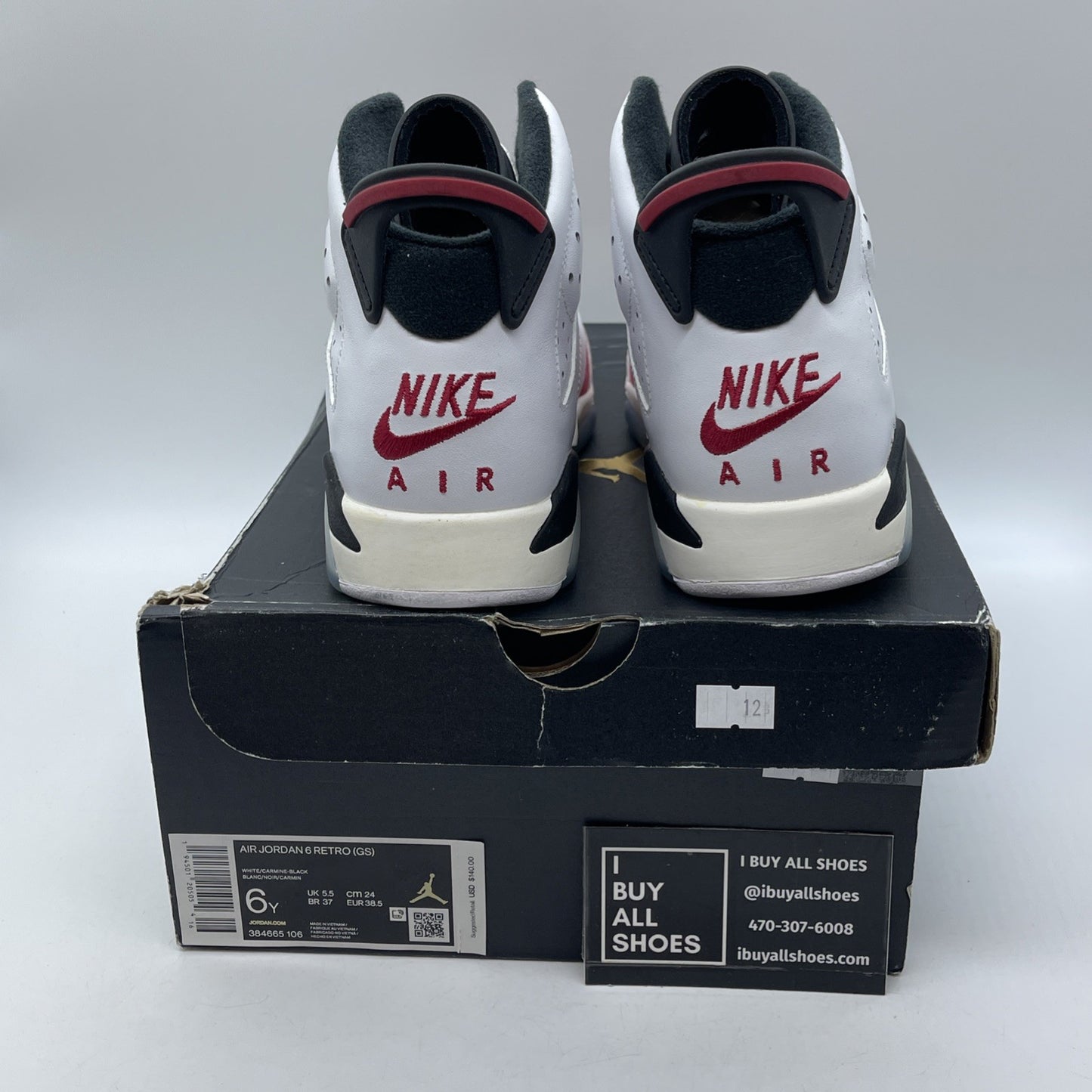 Size 6Y - Jordan 6 Retro OG Mid Carmine Red White Leather Suede (384665-106)