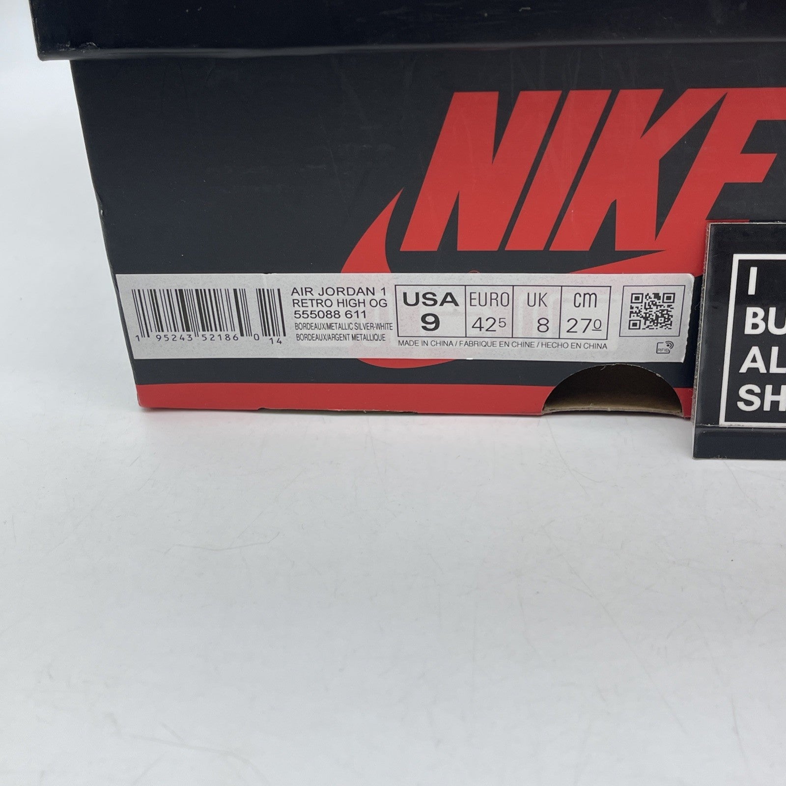Size 9 - Jordan 1 Retro High OG Bordeaux Silver White Leather (555088-611)