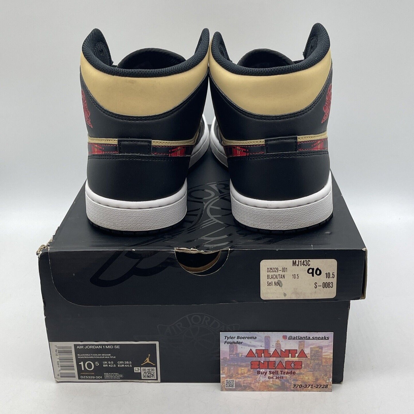 Size 10.5 - Jordan 1 Mid SE Tartan Swoosh Black White Tan Suede (DZ5329-001)