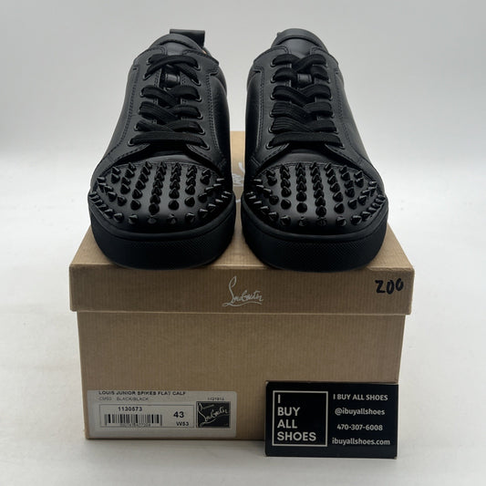 Size 43 -Christian Louboutin Black Leather Louis Junior Spikes Low Top Sneakers