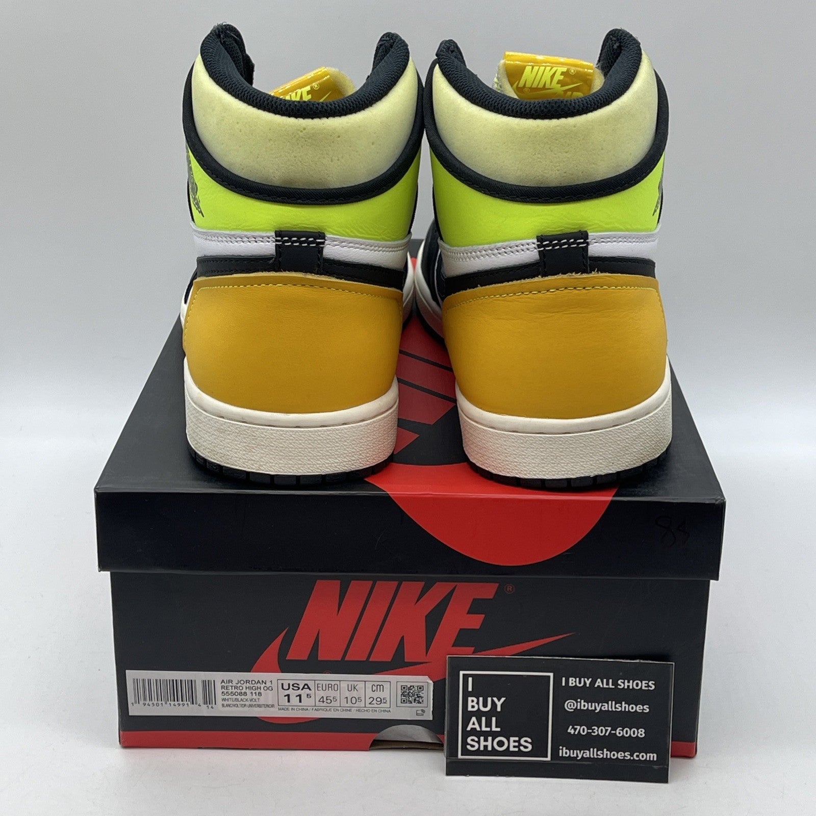 Size 11.5 - Jordan 1 Retro High OG Volt Black White Leather (555088-118)