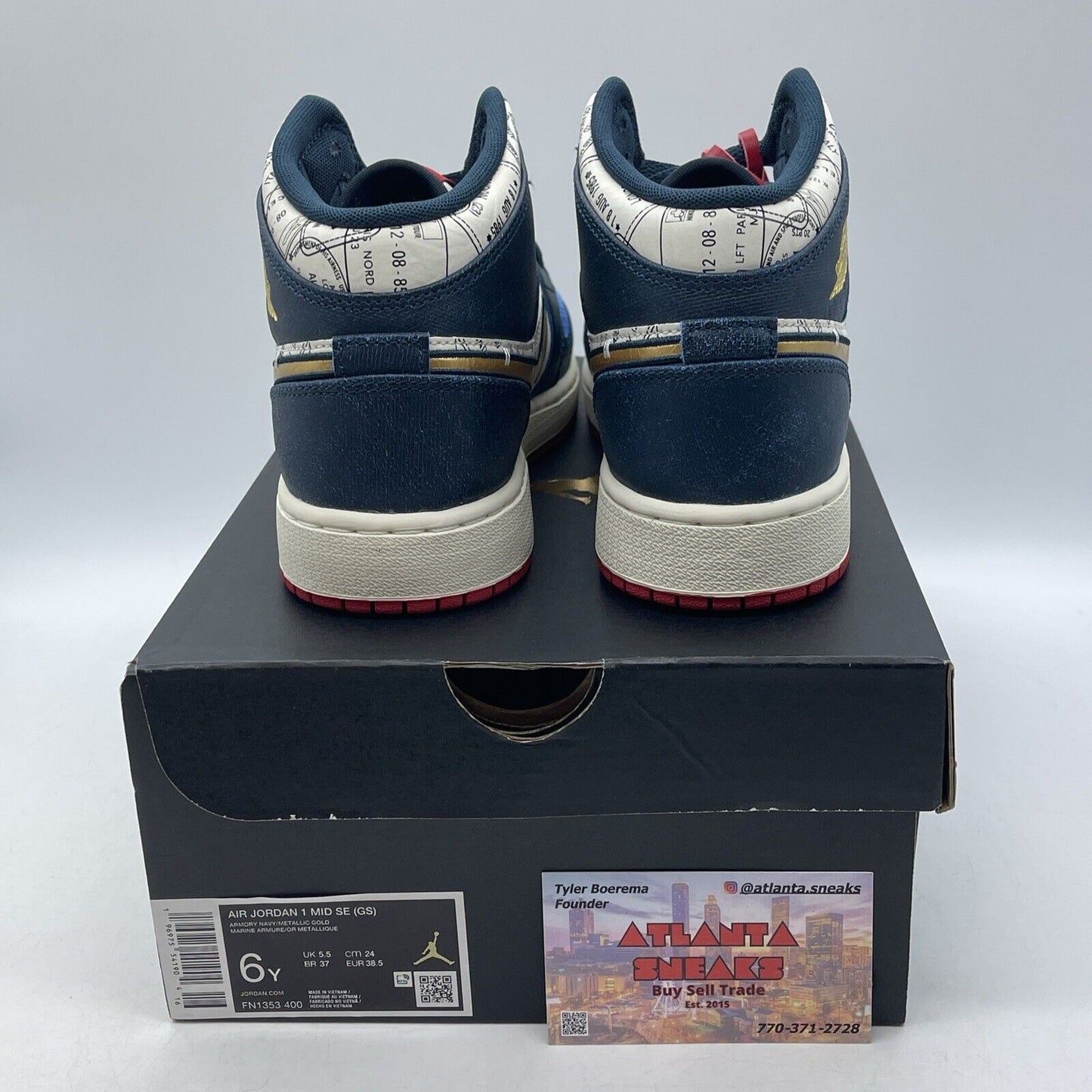 Size 6Y (GS) - Jordan 1 SE Mid Take Flight White Blue Red Gold (FN1353-400)