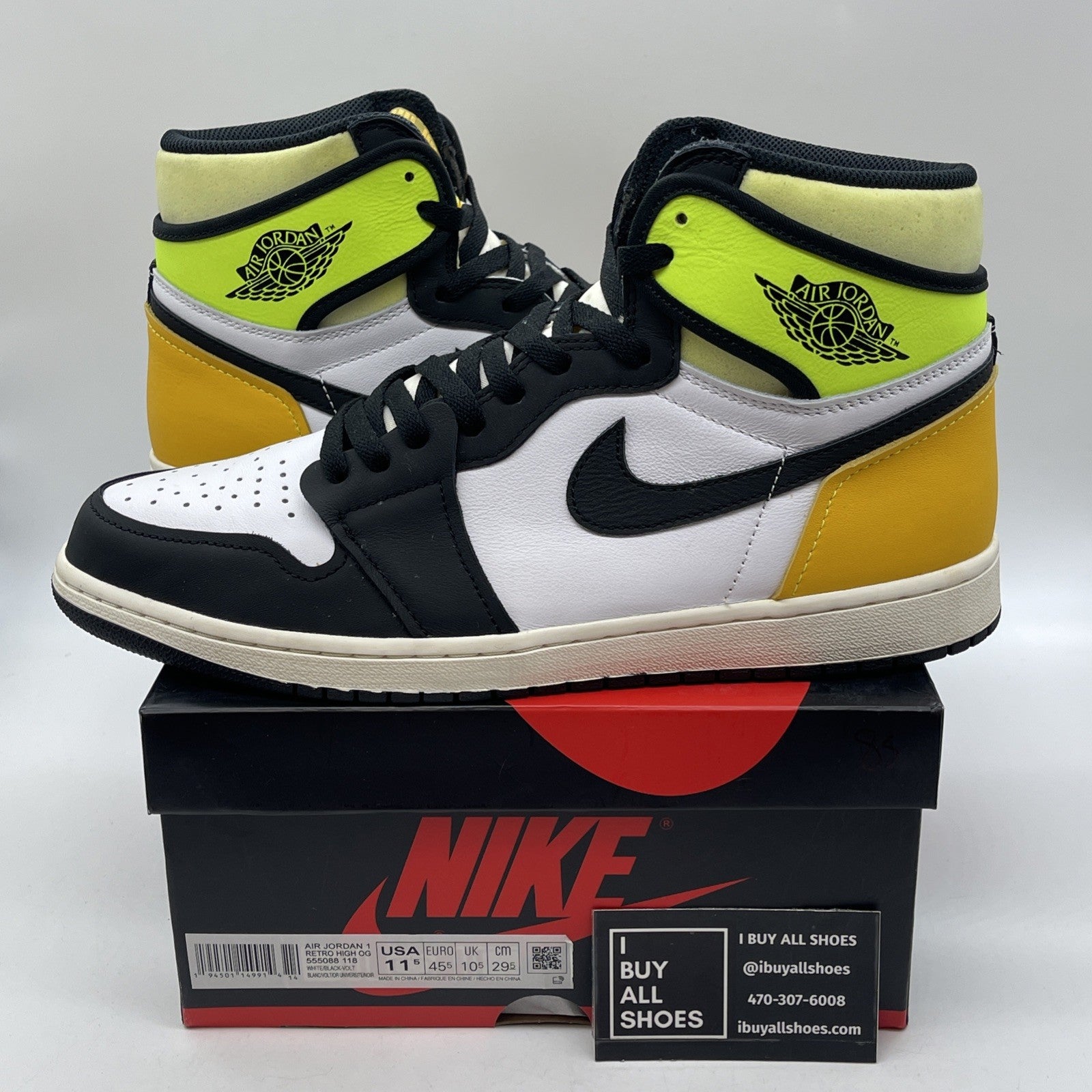 Size 11.5 - Jordan 1 Retro High OG Volt Black White Leather (555088-118)