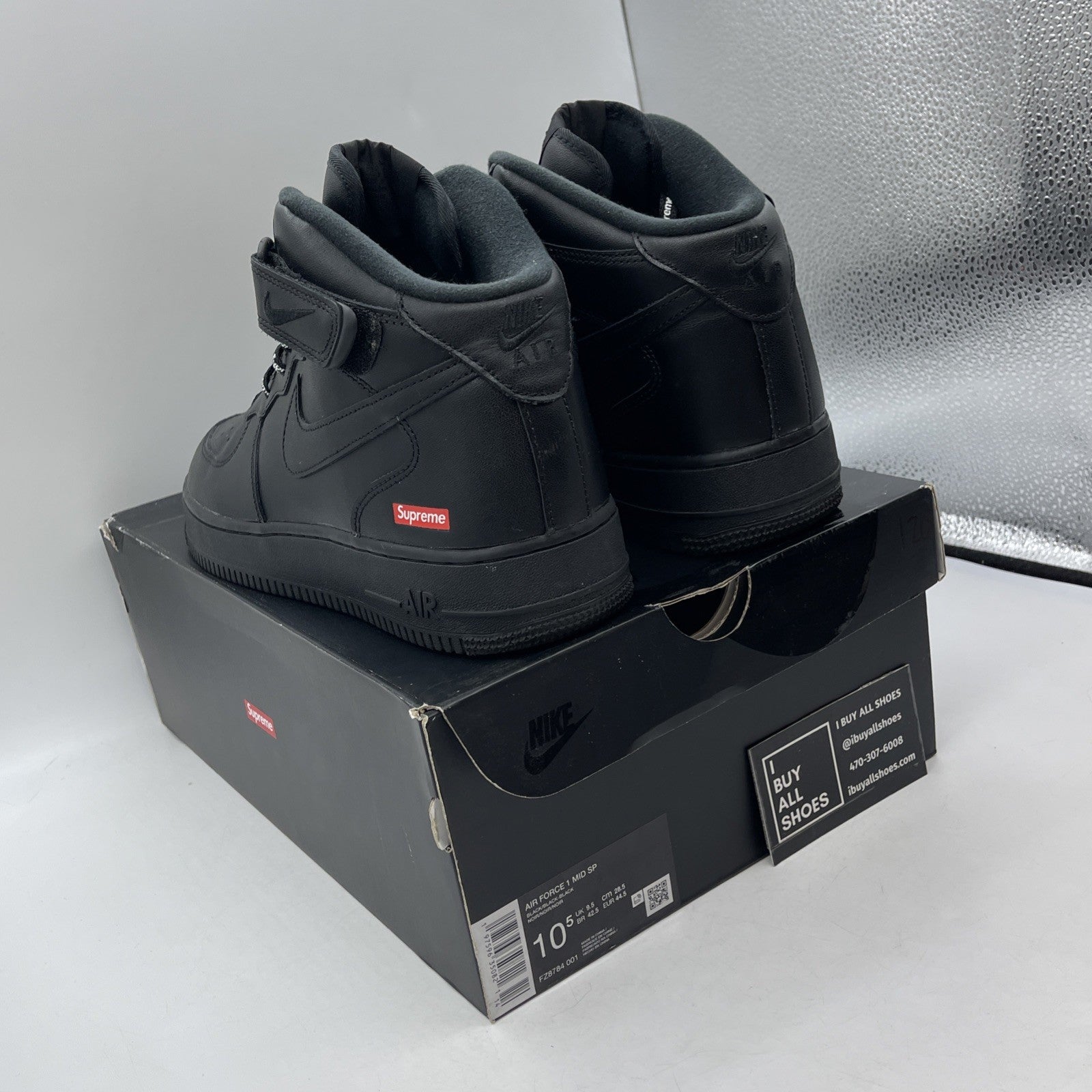 Size 10.5 - Nike Supreme x Air Force 1 Mid Box Logo Triple Black (FZ8784-001)