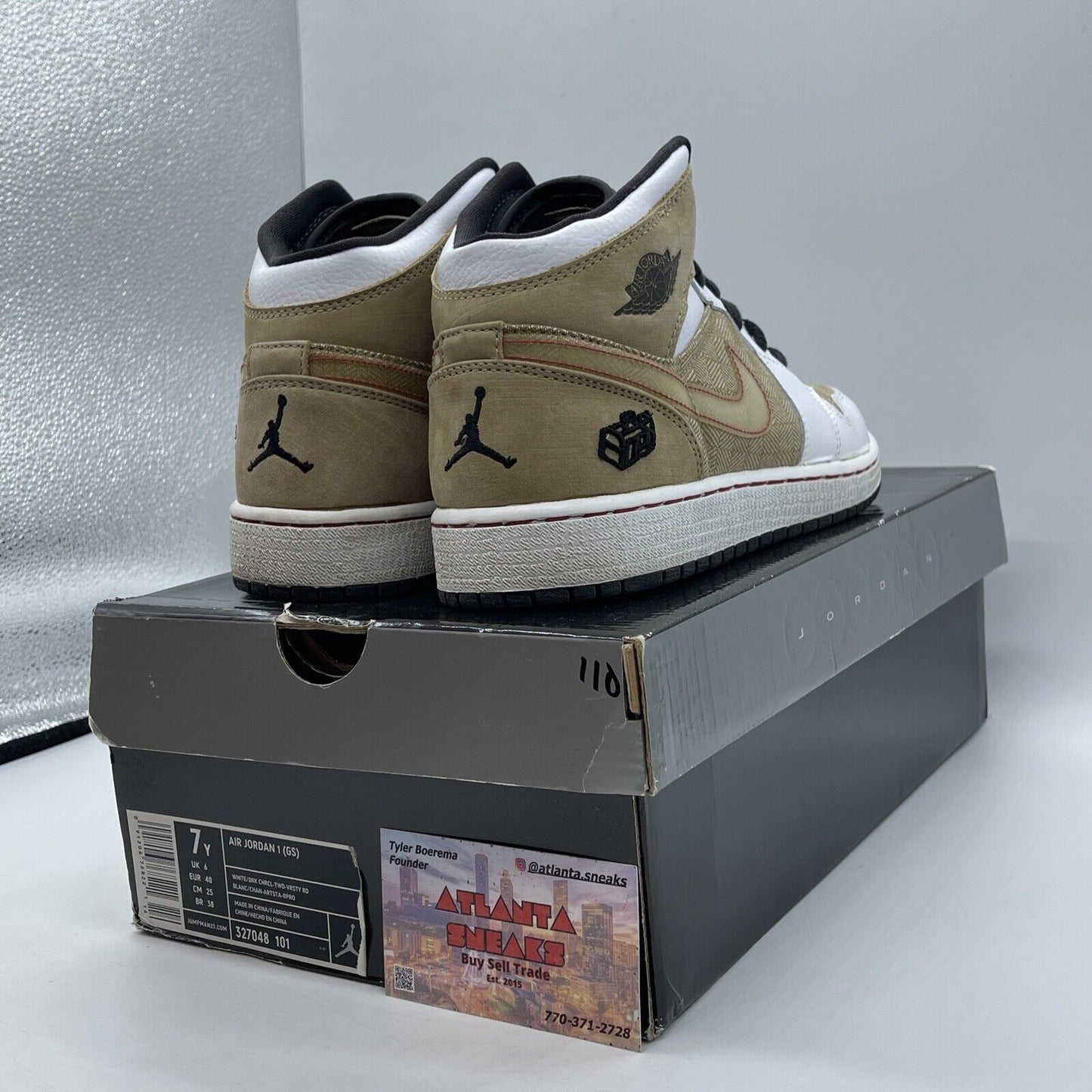 Size 7Y - Air Jordan 1 GS Tweed White Brown Black Red Suede Leather (327048-101)