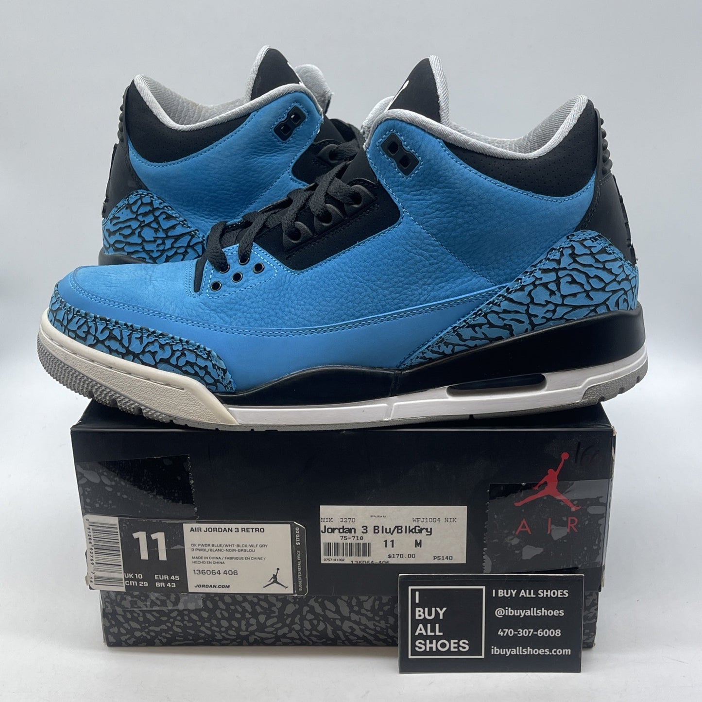 Size 11 - Air Jordan 3 Retro Powder Blue Black Suede (136064-406)
