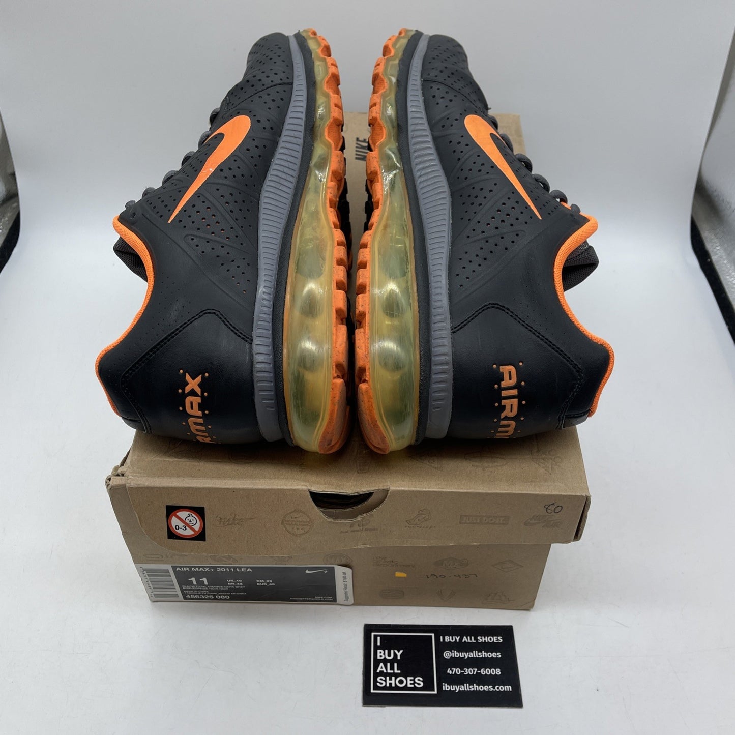 Size 11 - Nike Air Max+ 2011 Lea Black Orange Leather (456325-080)