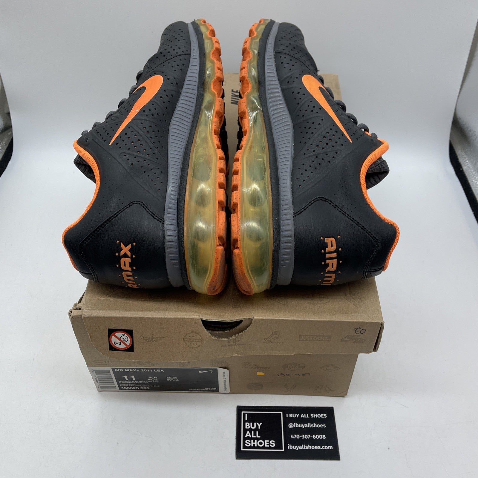 Size 11 - Nike Air Max+ 2011 Lea Black Orange Leather (456325-080)