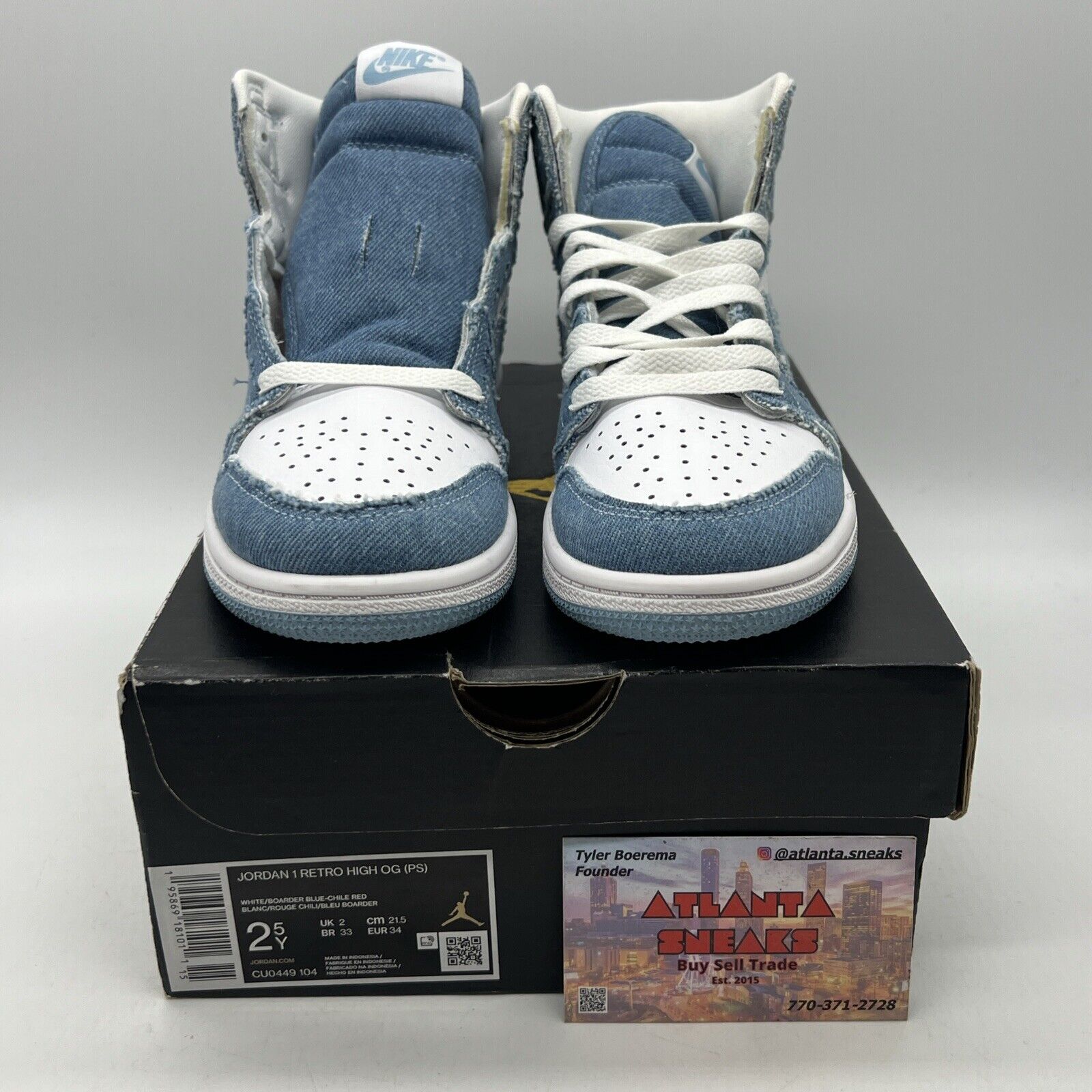 Nike Air Jordan 1 High Denim White Youth Size 2.5Y White Leather (CU0449-104)