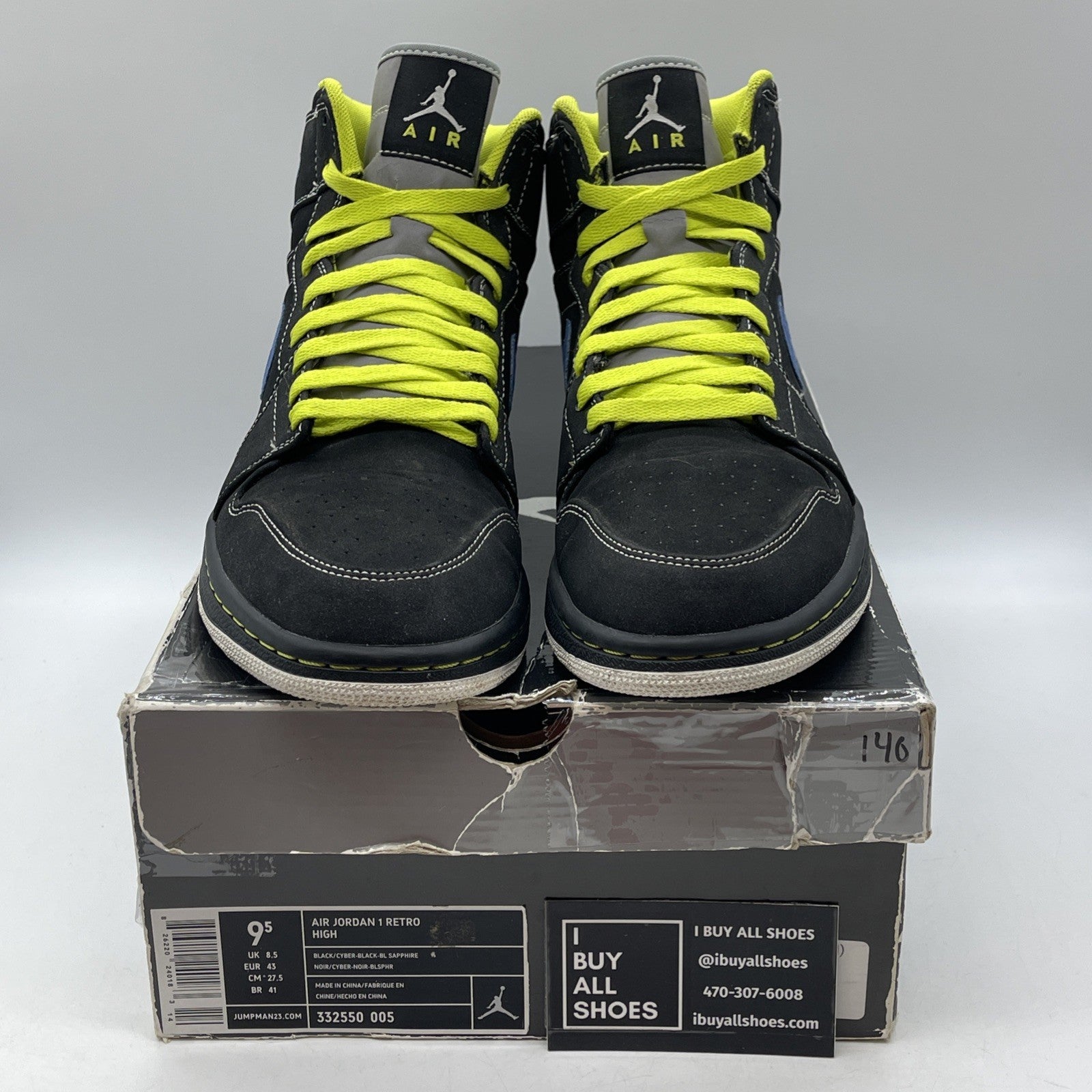 Size 9.5 - Air Jordan 1 Retro High Black Cyber Green Blue Suede (332550-005)