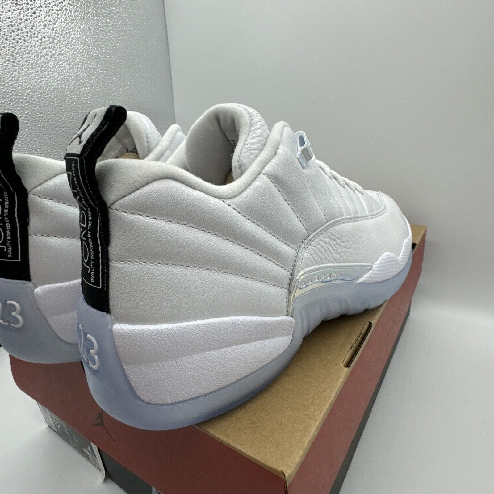 Size 12 - Jordan 12 Retro Low Easter white icy, blue leather suede, shiny new