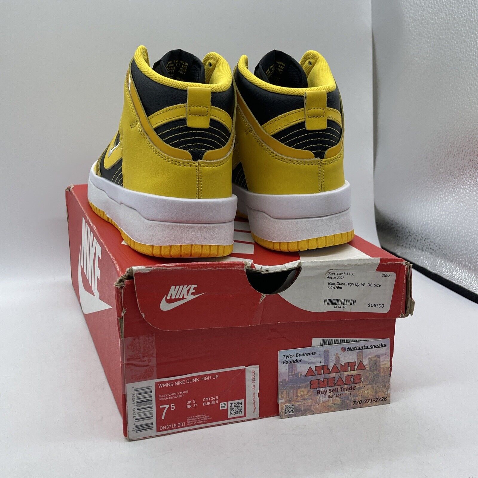 Size 7.5W - Dunk High Up Varsity Maize Yellow Black White Leather (DH3718-001)