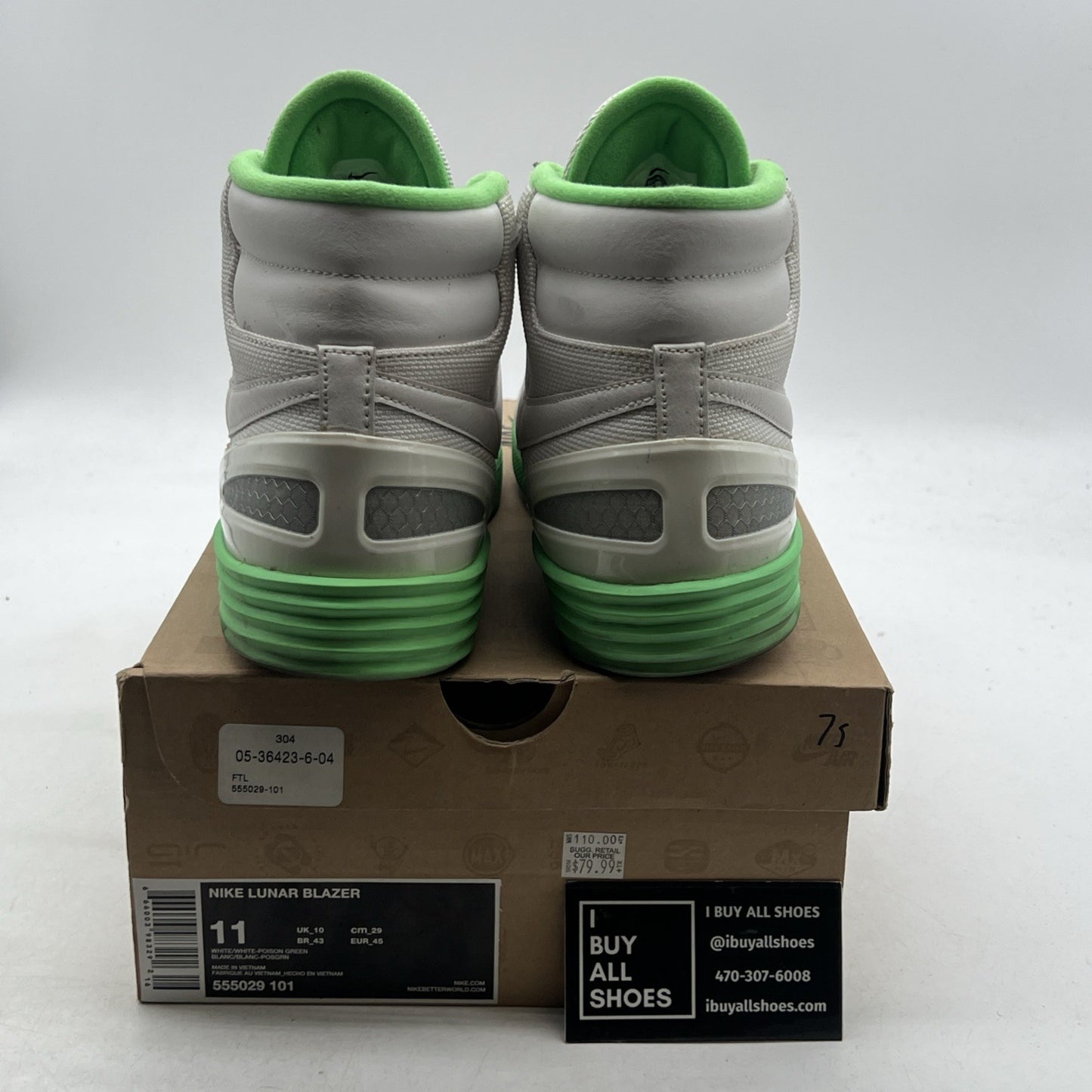 Size 11 - Nike Lunar Blazer White Poison Green (555029-101)