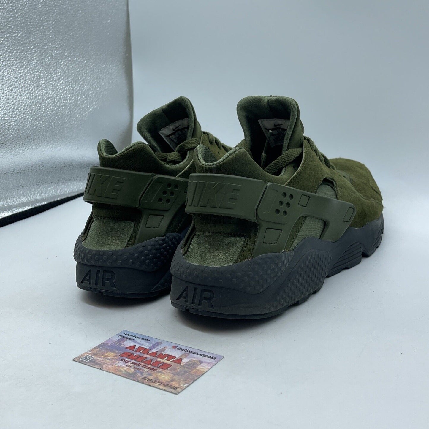 Size 13- Nike Air Huarache SE Legion Green Suede Black Leather (852628-301)