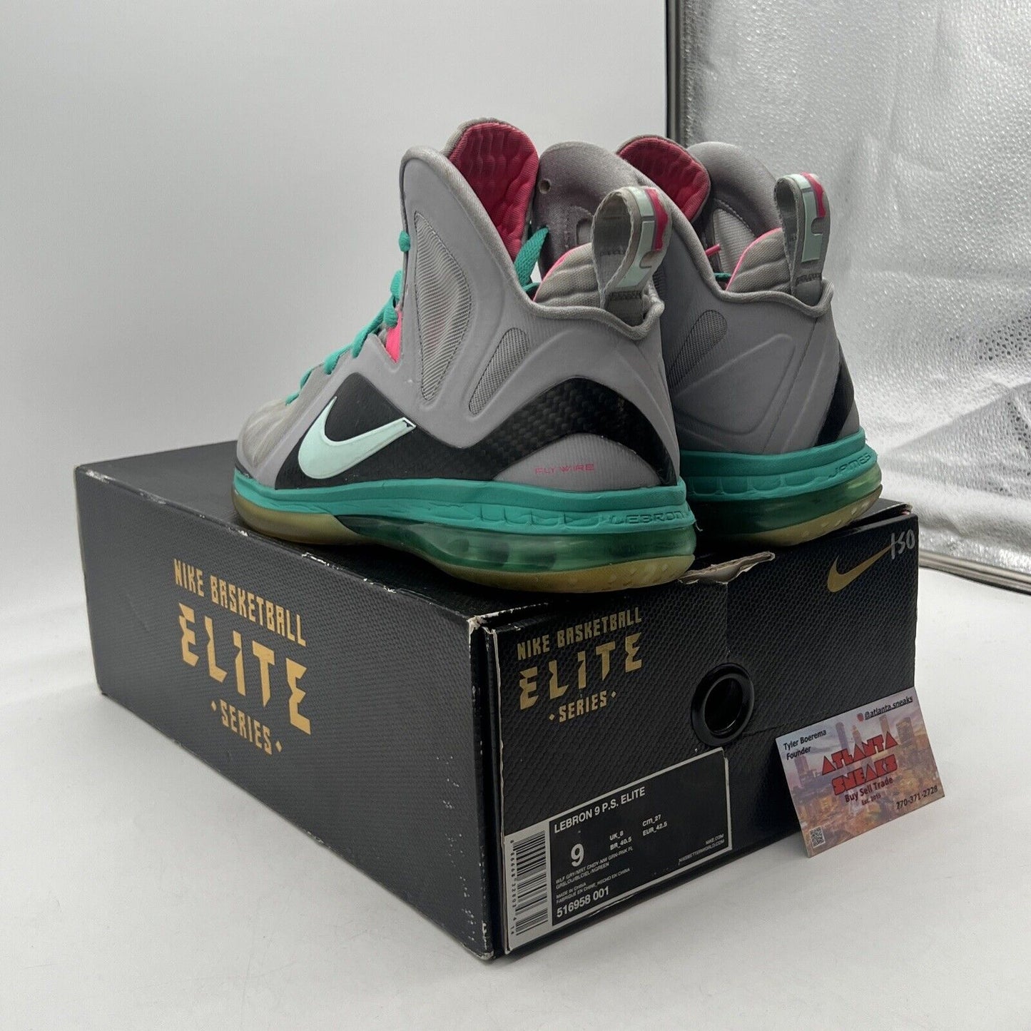 Size 9 - Nike LeBron 9 P.S. Elite South Beach Grey Pink Aqua (516958-001)