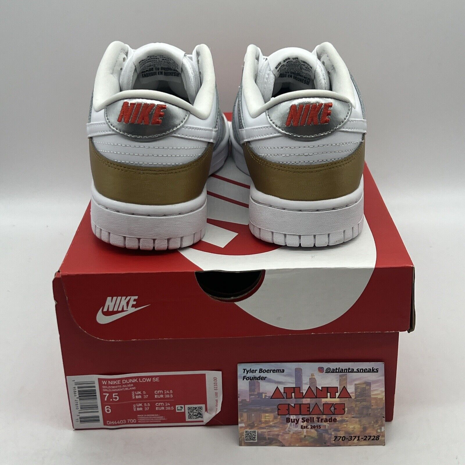 Nike Dunk Low Size 7.5 Womens Metallic Gold Silver White Sneakers Brand New