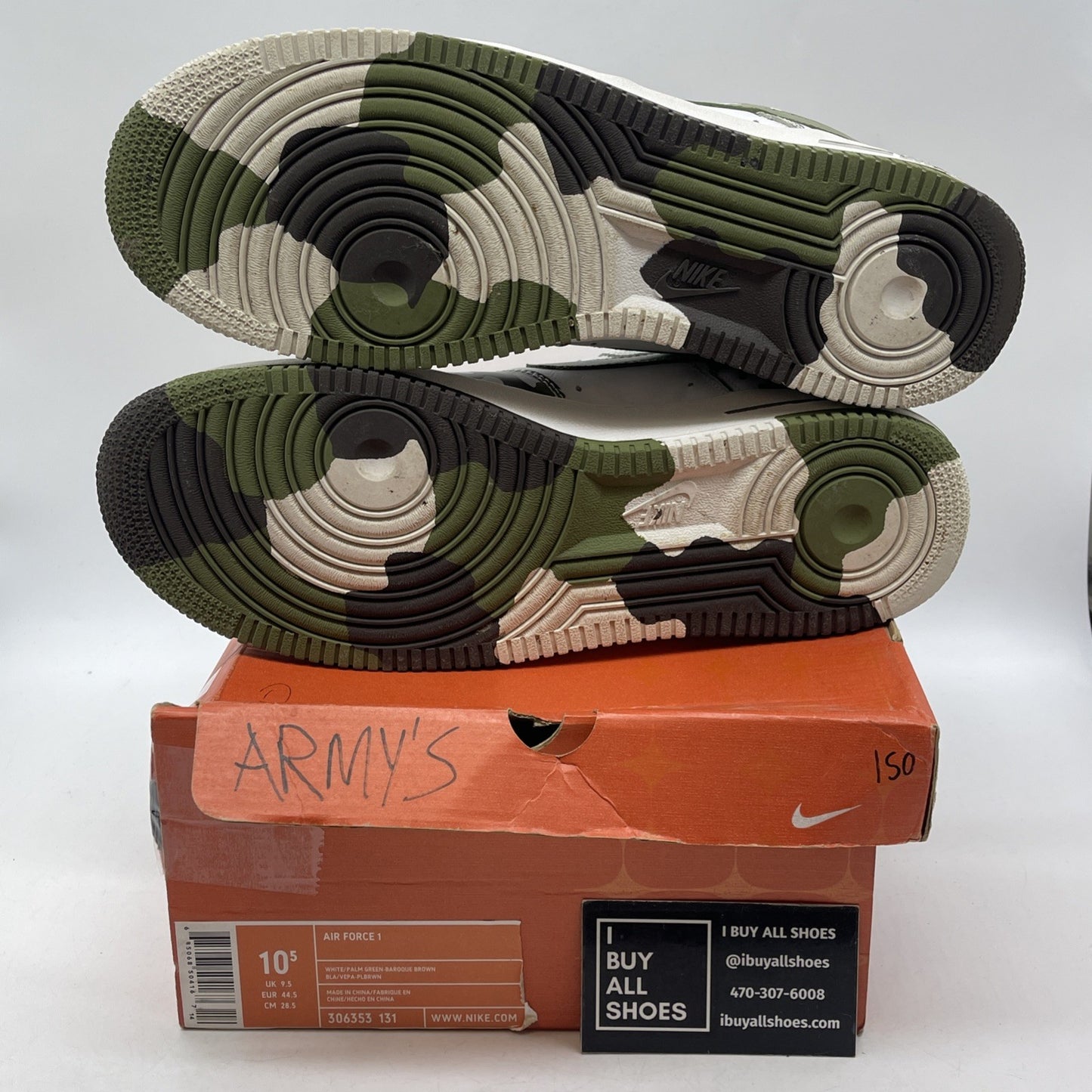 Size 10.5 - Nike Air Force 1 Camo White Green Leather (306353-131)