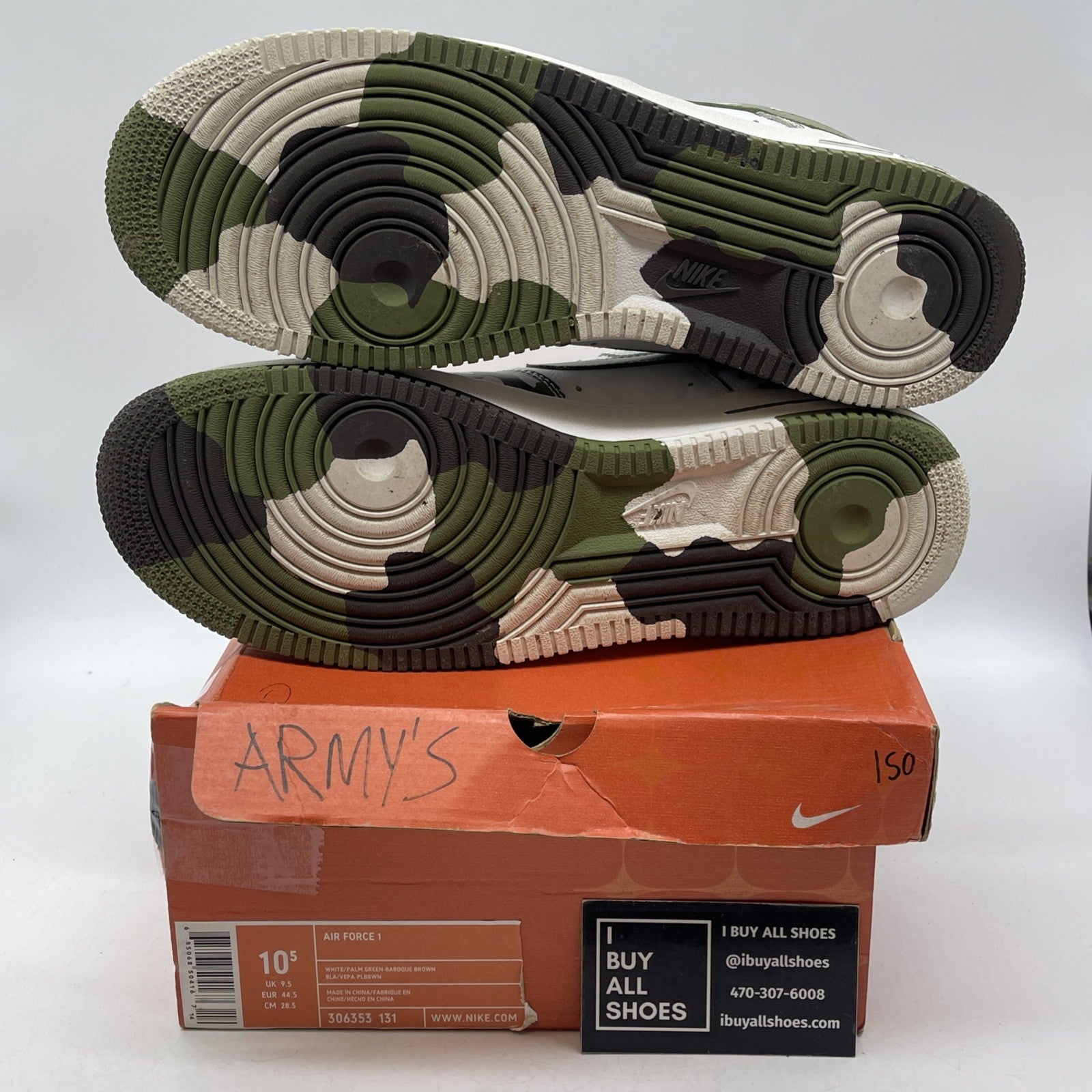 Size 10.5 - Nike Air Force 1 Camo White Green Leather (306353-131)