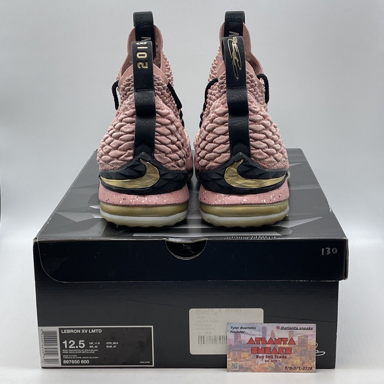 Size 12.5 - Nike LeBron 15 Hollywood Pink Black Suede Gold White (897650-600)