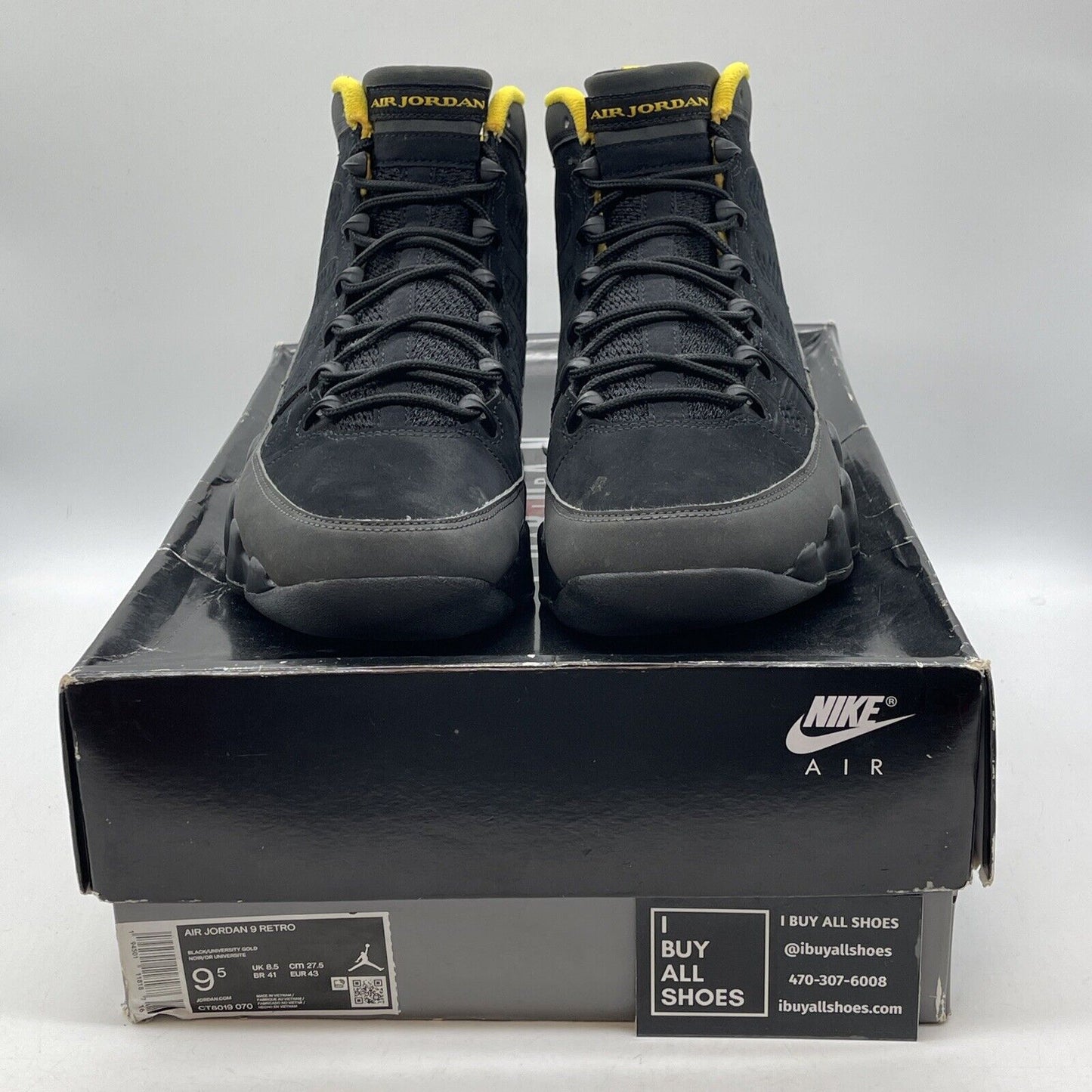 Size 9.5 - Jordan 9 Retro Black Grey Yellow Suede Leather (CT8019-070)
