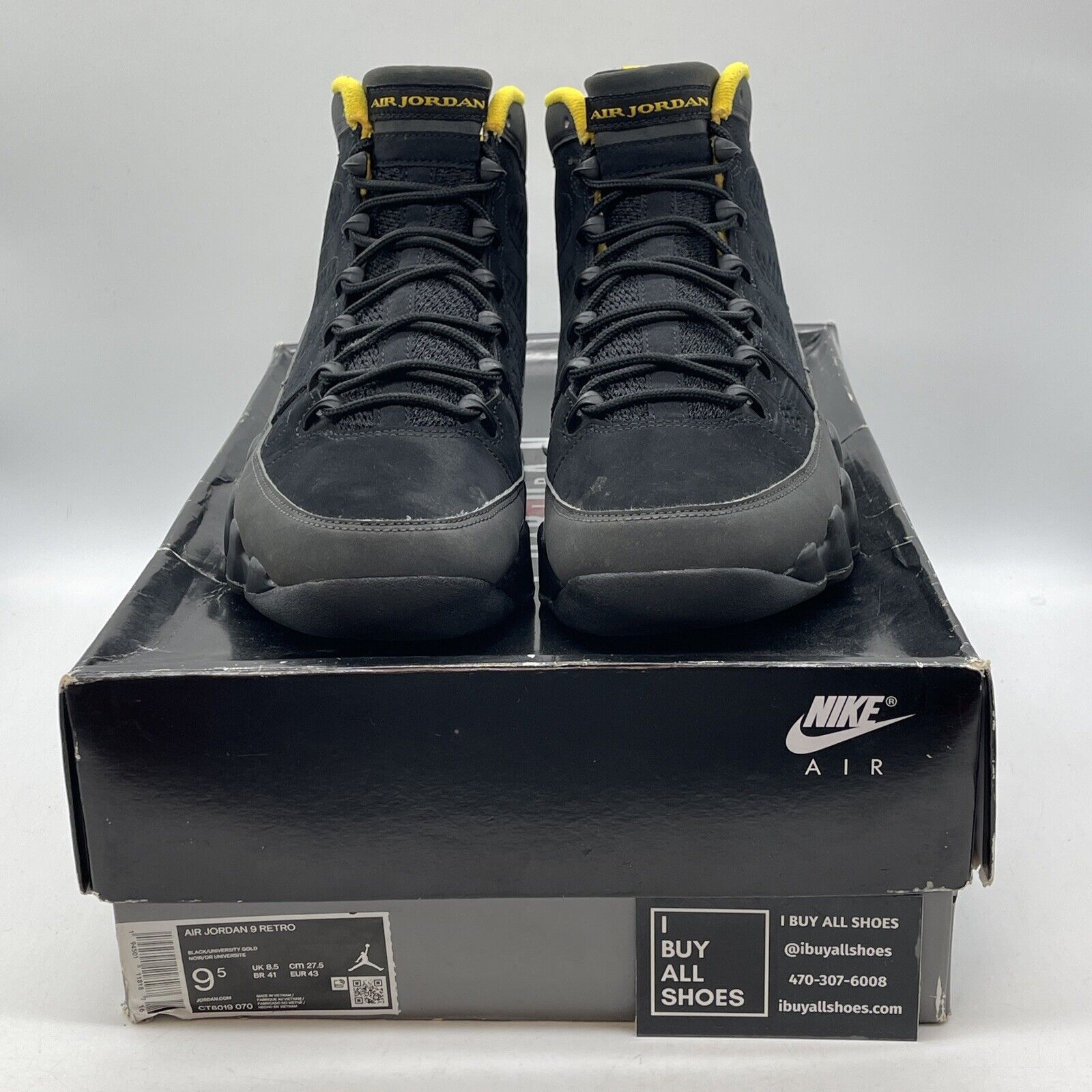 Size 9.5 - Jordan 9 Retro Black Grey Yellow Suede Leather (CT8019-070)
