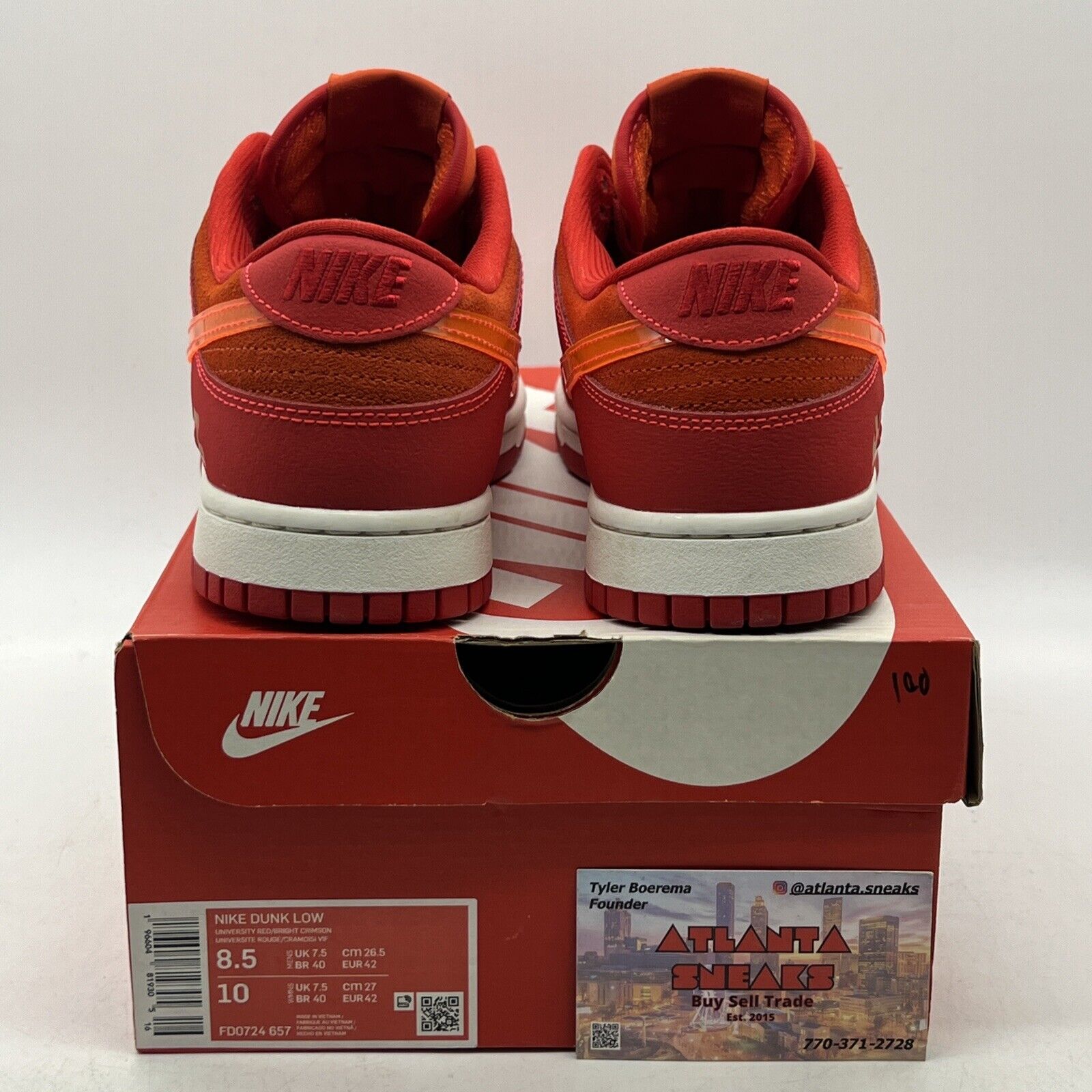 Size 8.5 - Nike Dunk Low ATL - Red Orange Suede White (FD0724-657)