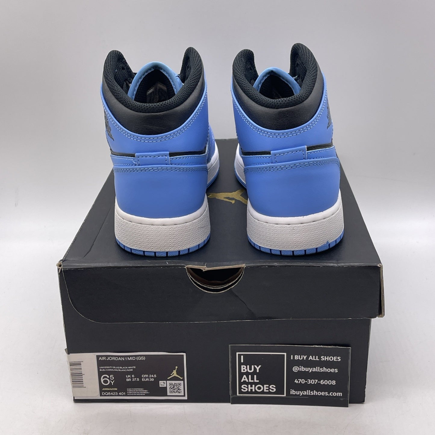Size 6.5Y (GS) - Air Jordan 1 Mid University Blue Black Leather (DQ8423-401)