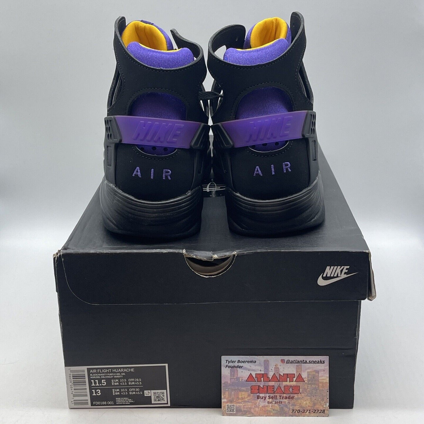 Size 11.5 - Nike Air Flight Huarache Lakers Away Black Suede Purple (FD0188-001)