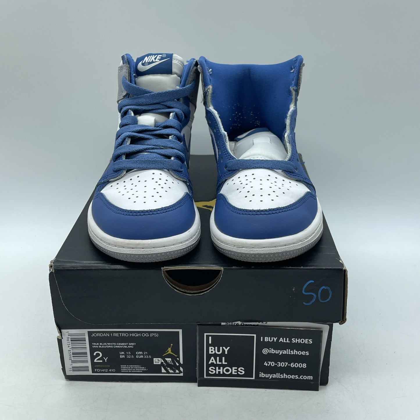 Size 2Y - Air Jordan 1 Retro OG High True Blue (FD1412-410)