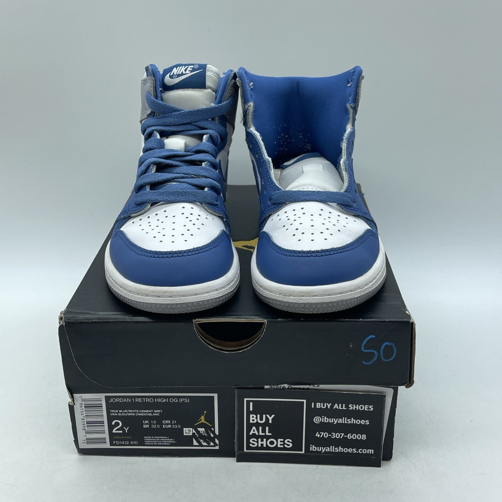 Size 2Y - Air Jordan 1 Retro OG High True Blue (FD1412-410)